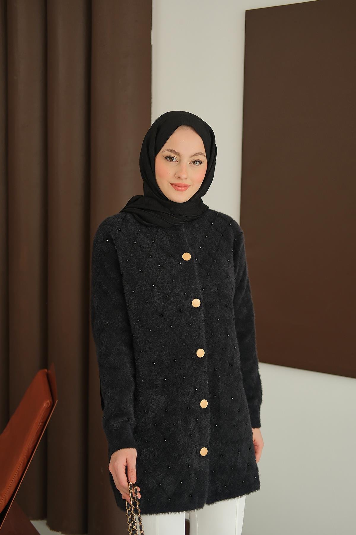 İnci Detaylı Triko Hırka Siyah