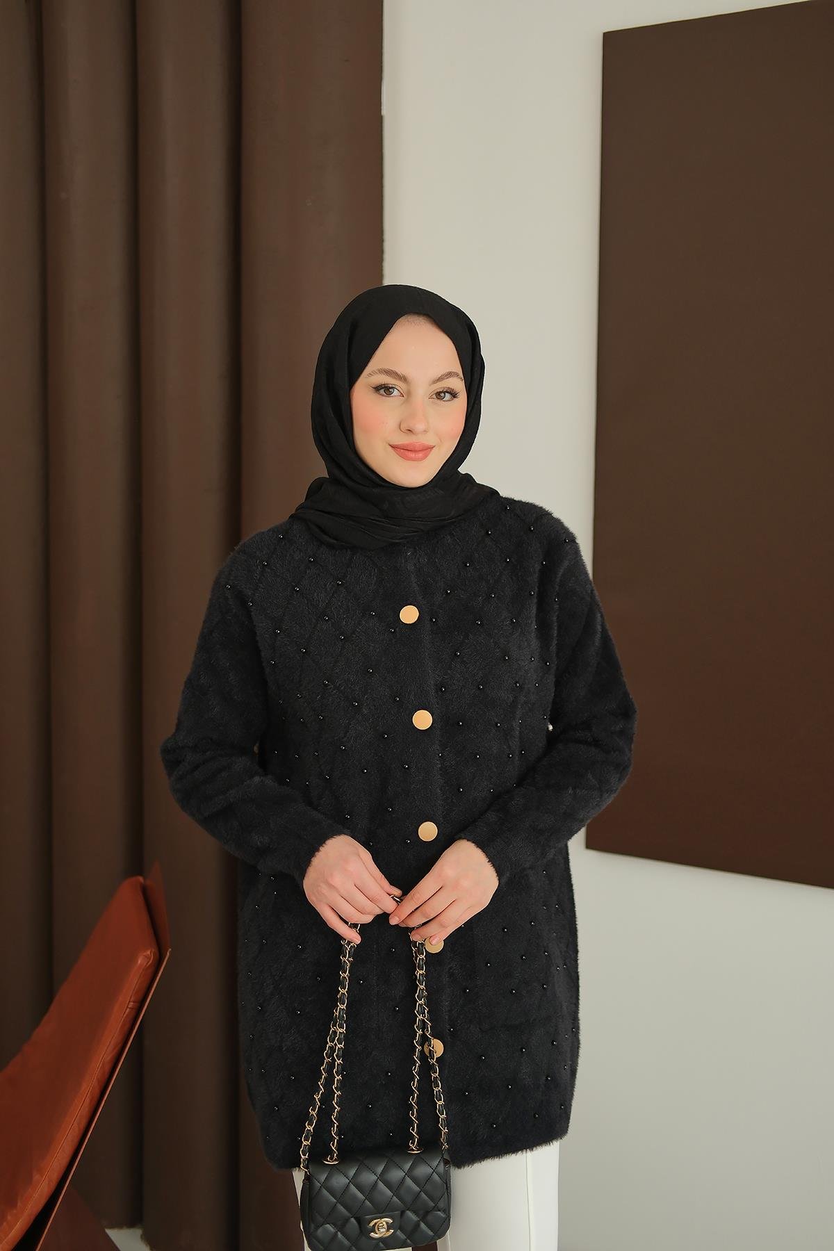 İnci Detaylı Triko Hırka Siyah