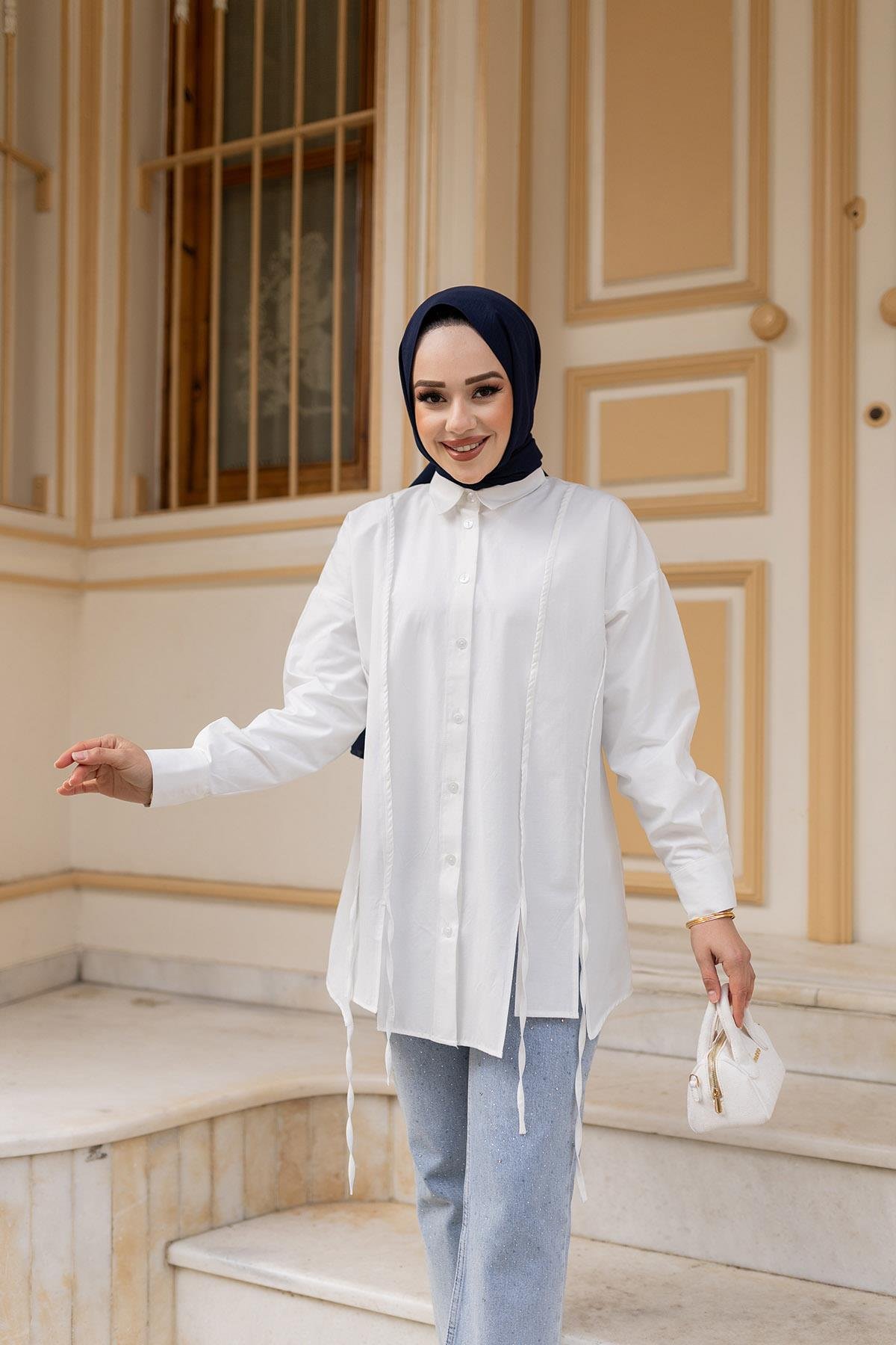 İp Detaylı Yırtmaçlı Gömlek Beyaz