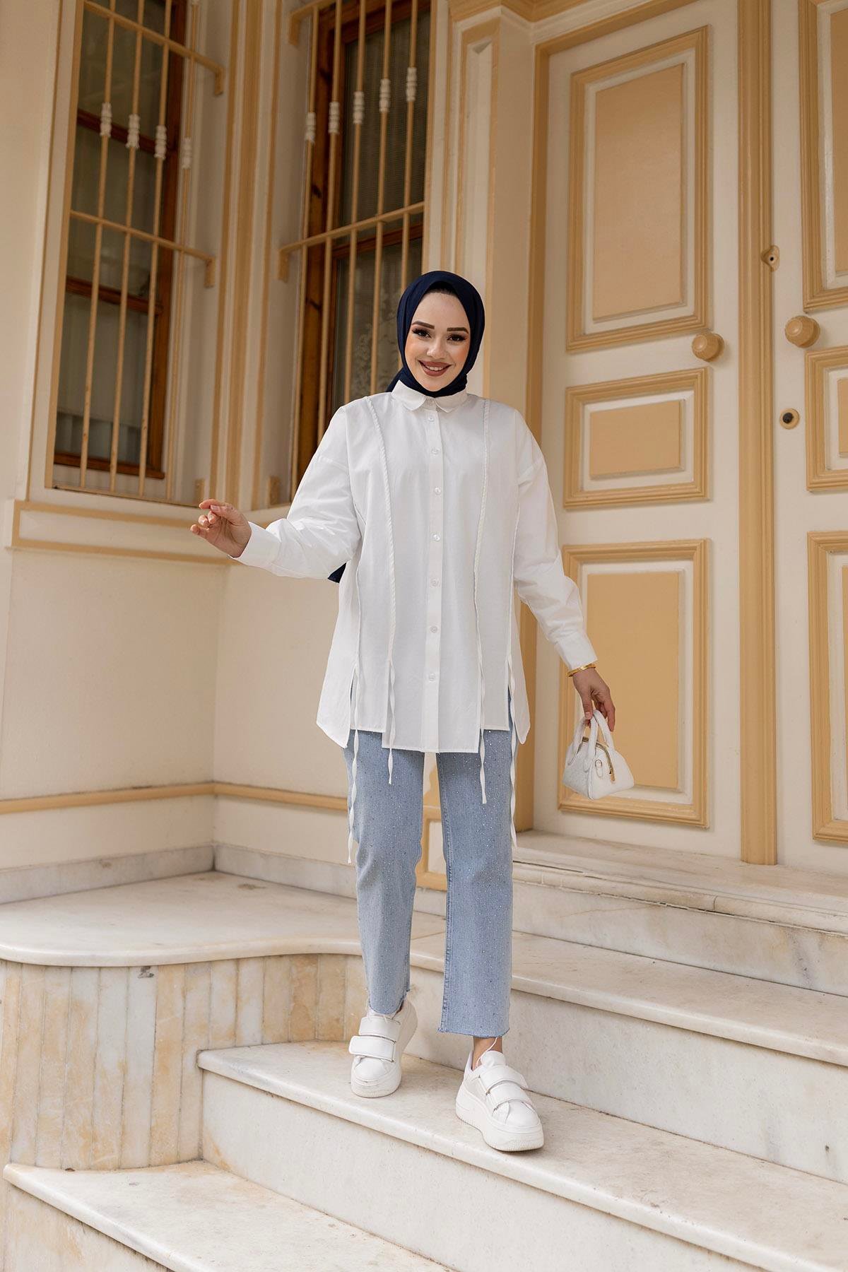 İp Detaylı Yırtmaçlı Gömlek Beyaz