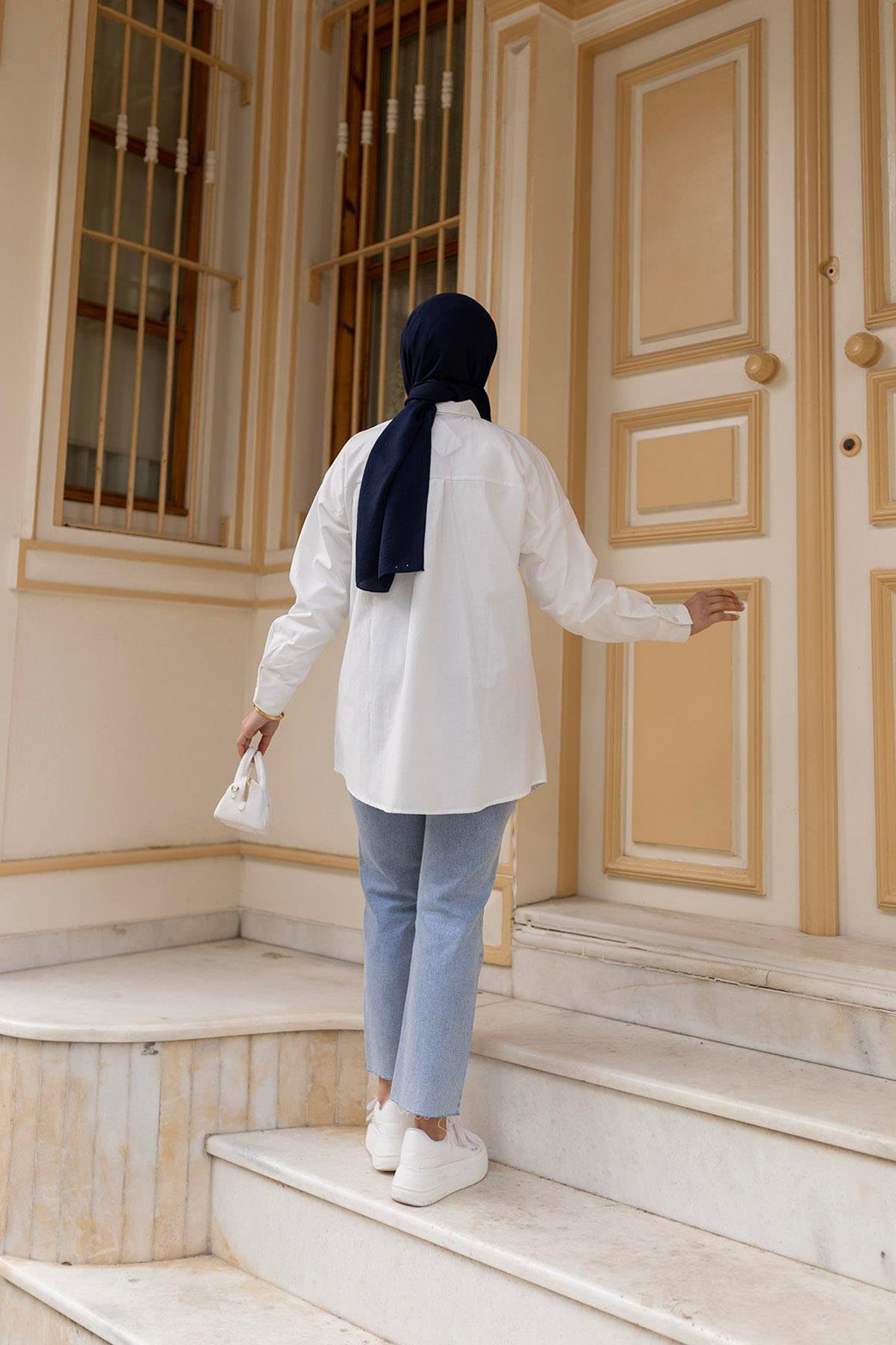 İp Detaylı Yırtmaçlı Gömlek Beyaz