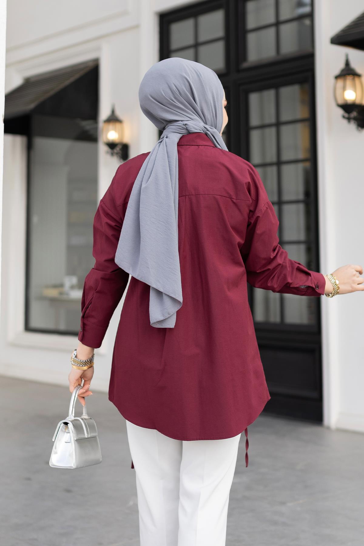 İp Detaylı Yırtmaçlı Gömlek Bordo