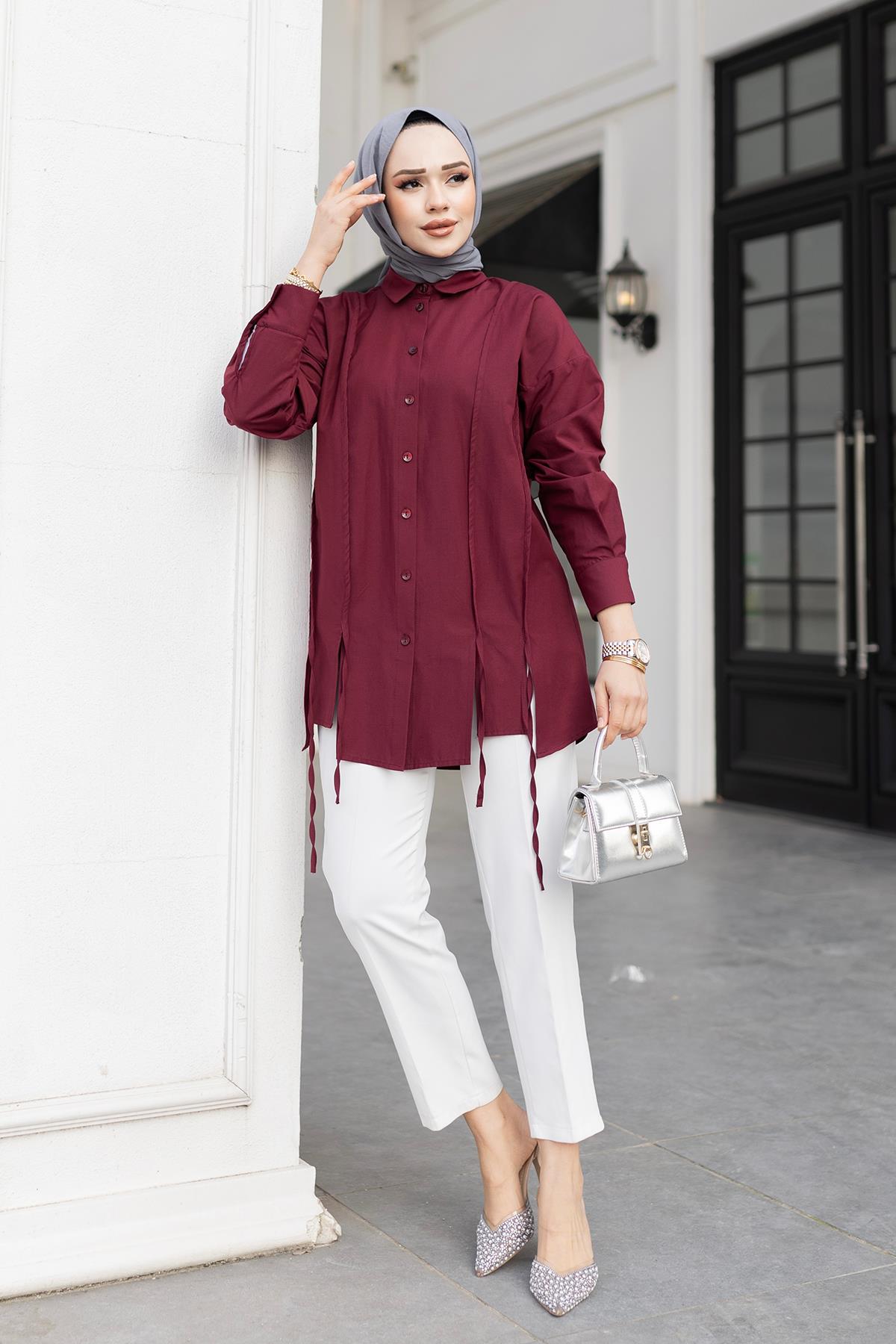 İp Detaylı Yırtmaçlı Gömlek Bordo