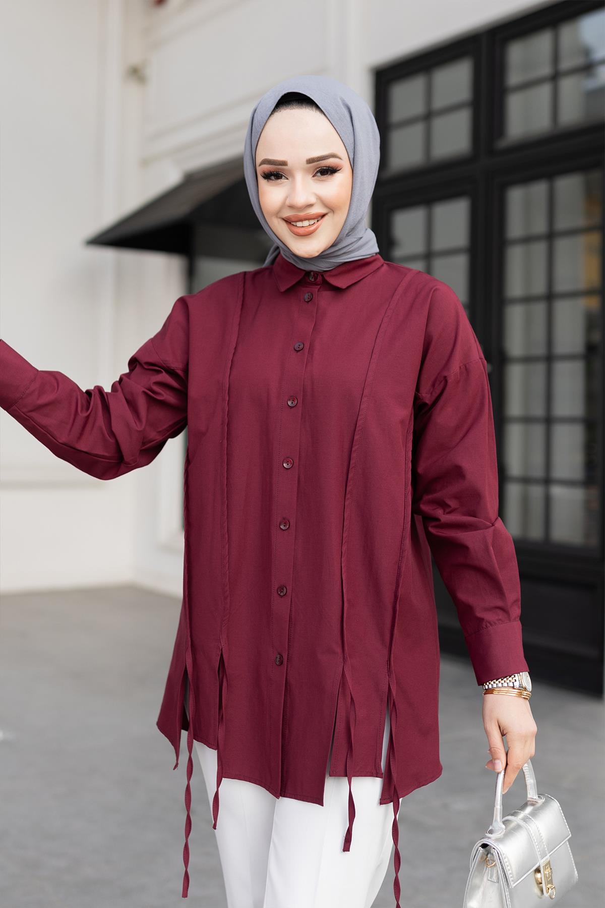 İp Detaylı Yırtmaçlı Gömlek Bordo