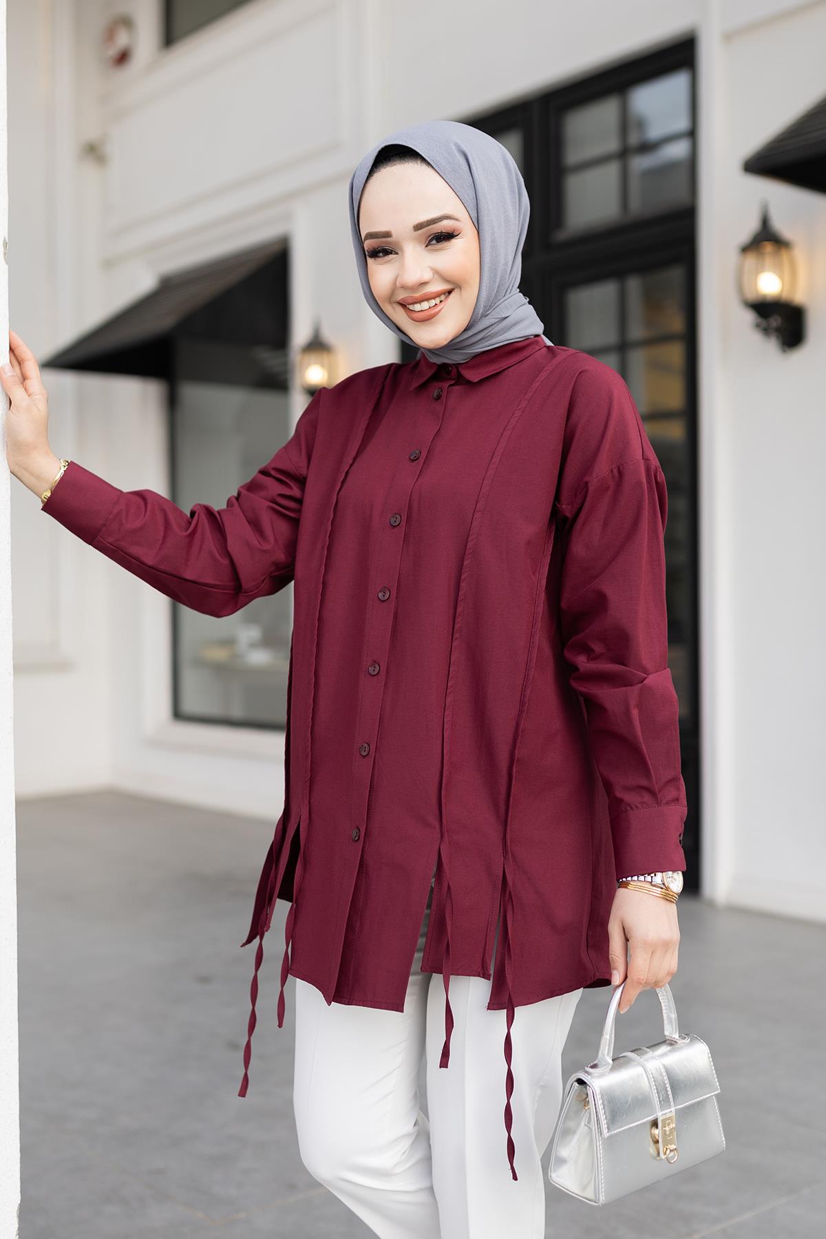 İp Detaylı Yırtmaçlı Gömlek Bordo