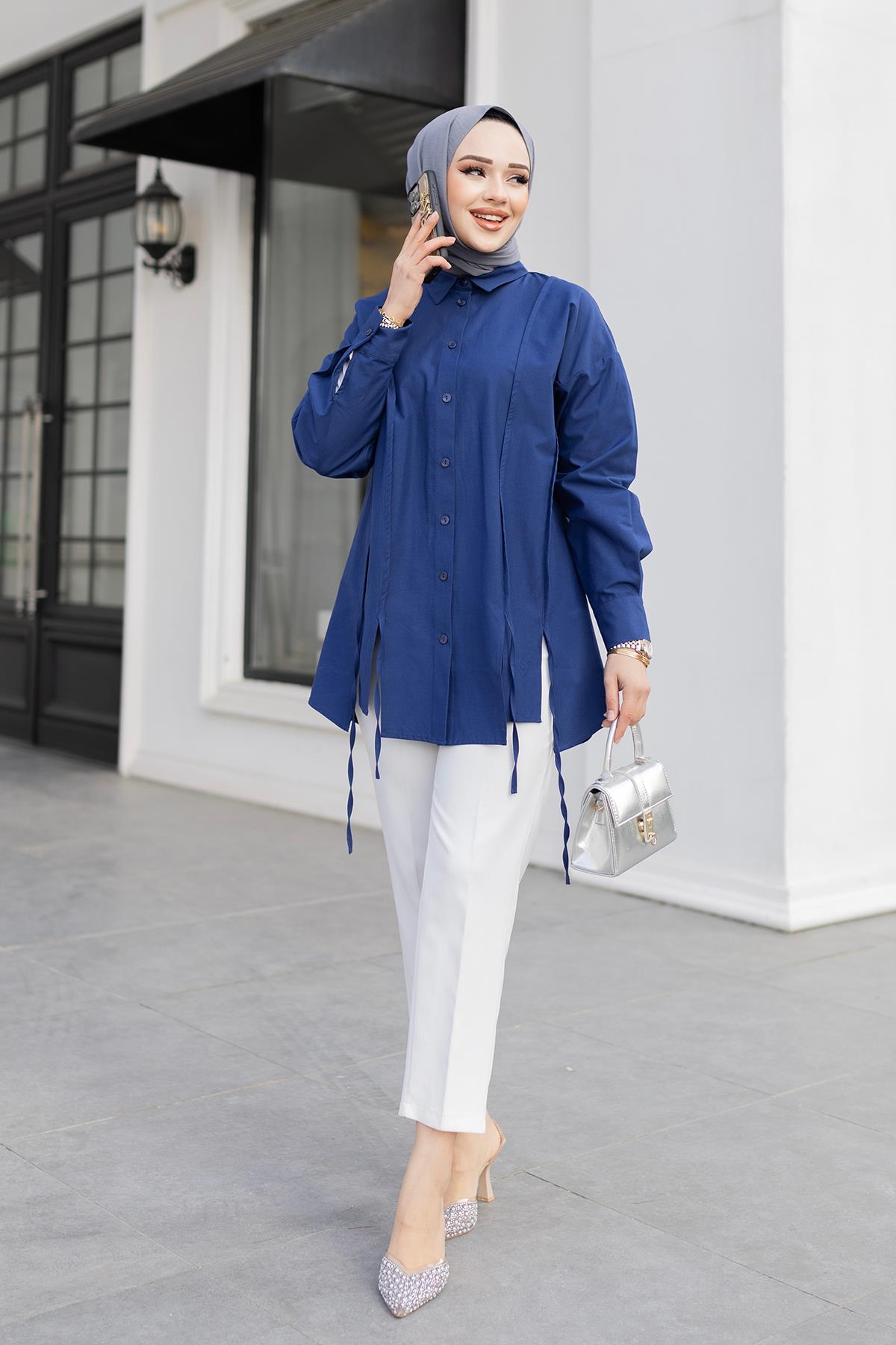 İp Detaylı Yırtmaçlı Gömlek Lacivert