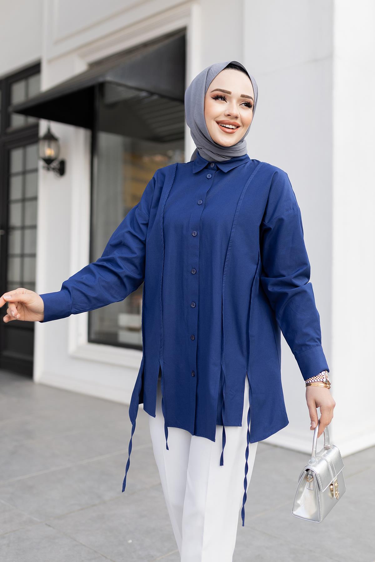 İp Detaylı Yırtmaçlı Gömlek Lacivert