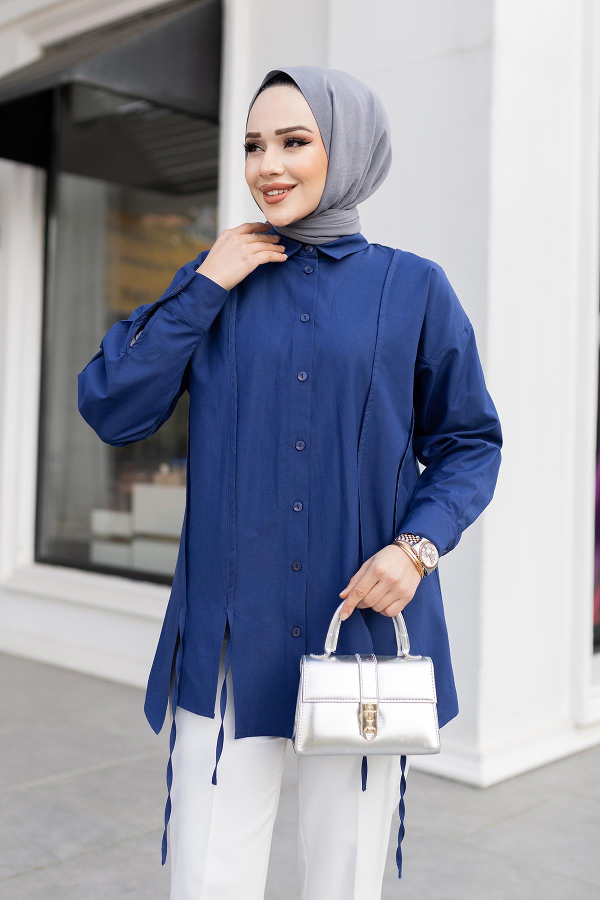 İp Detaylı Yırtmaçlı Gömlek Lacivert