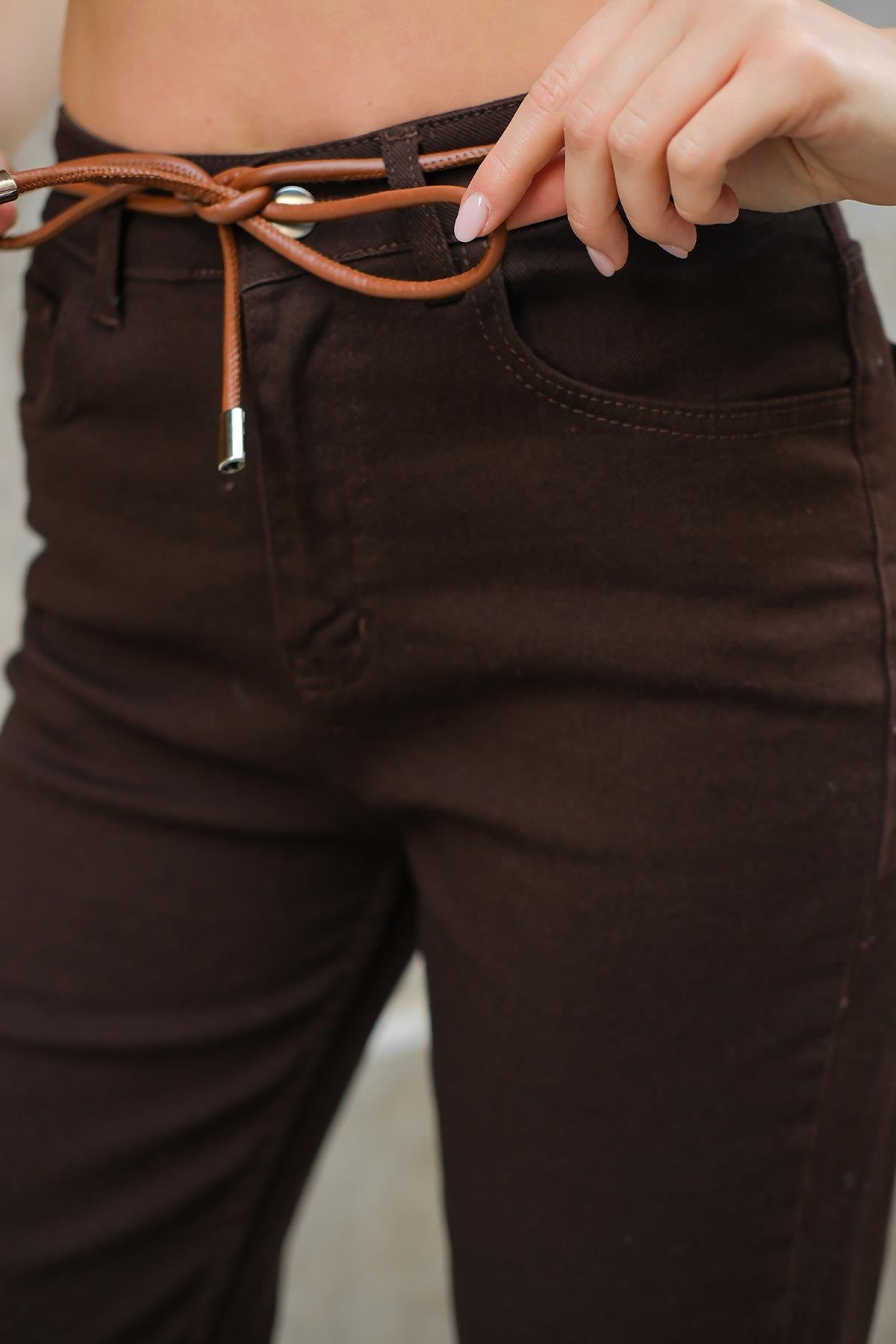 İp Kemerli Kot Pantolon Kahverengi