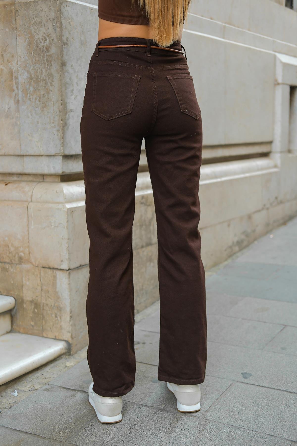 İp Kemerli Kot Pantolon Kahverengi