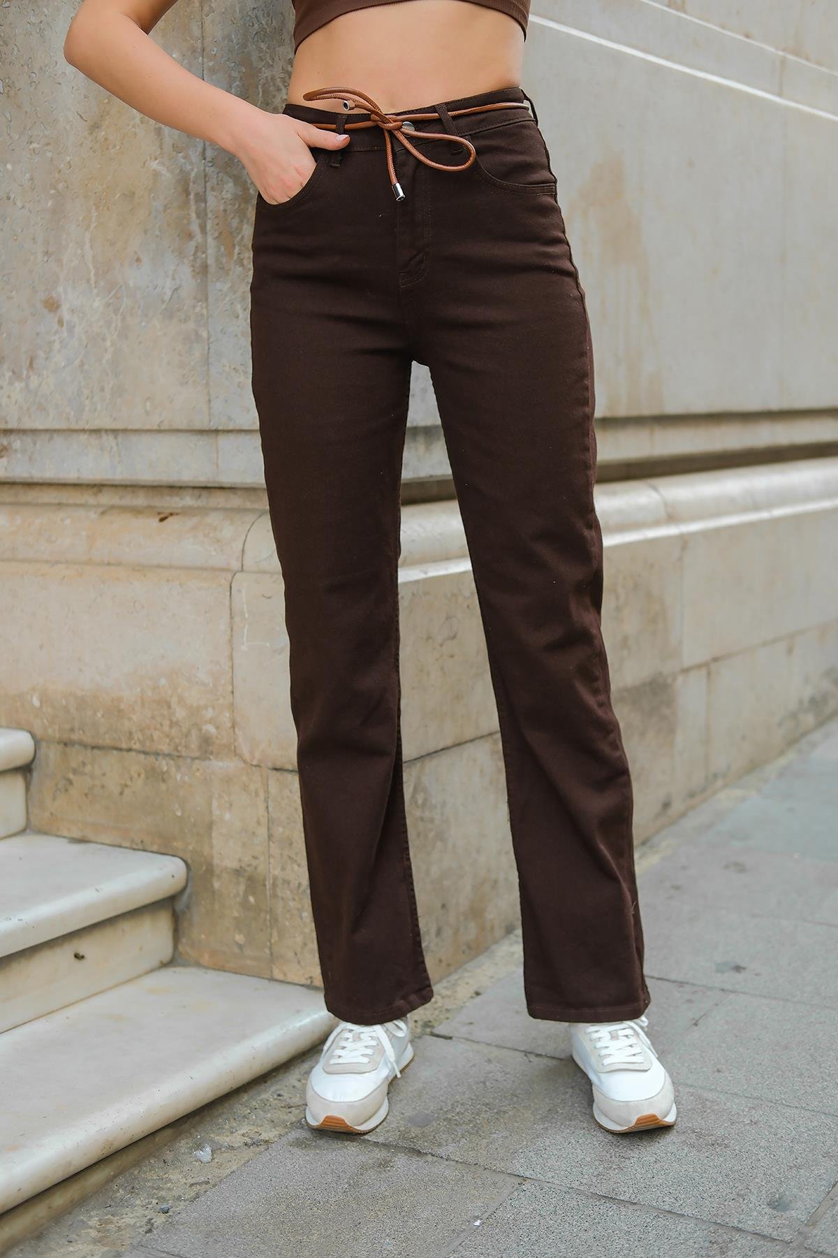 İp Kemerli Kot Pantolon Kahverengi