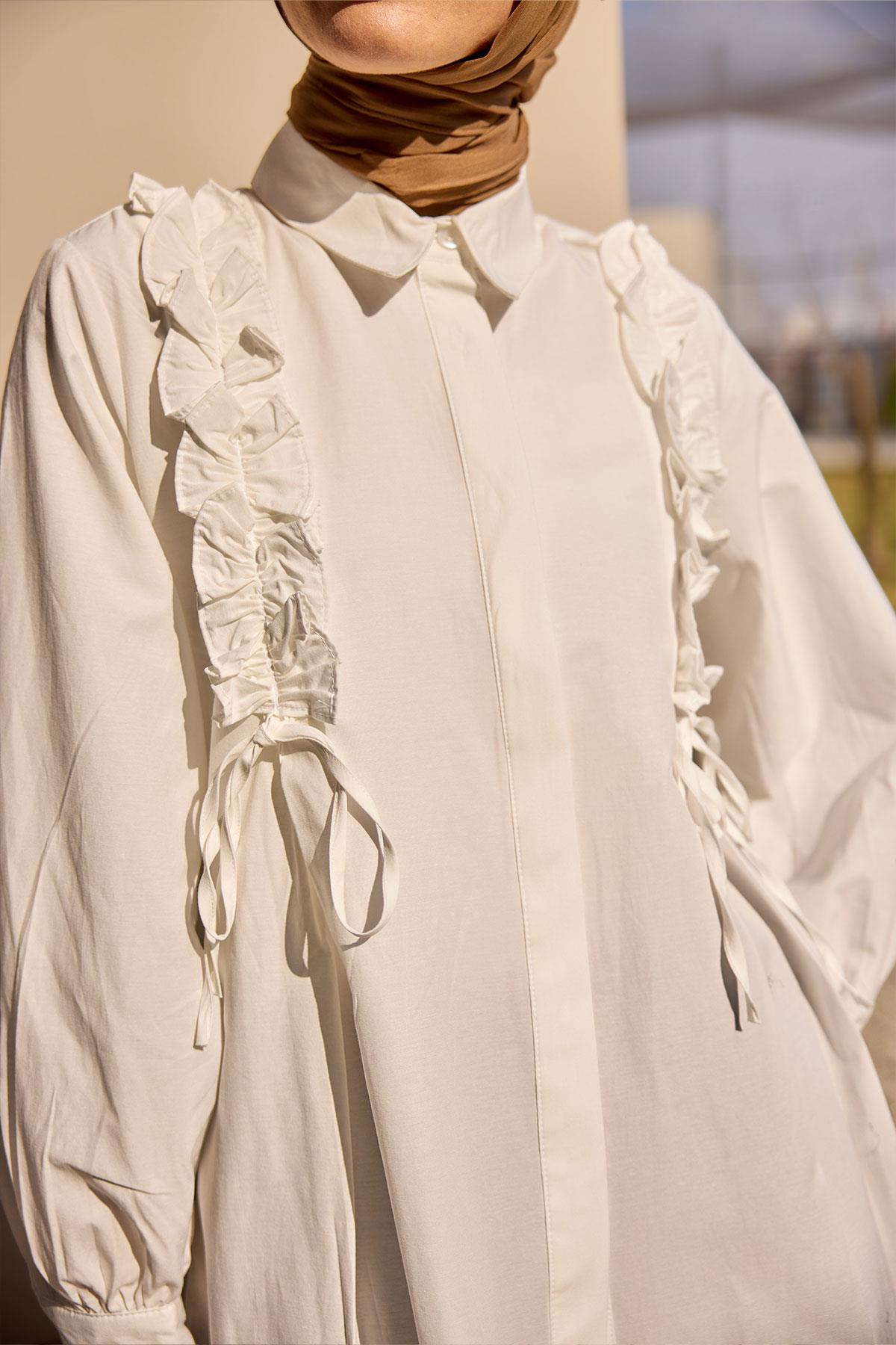 İpli Büzgü Detaylı Gömlek Beyaz