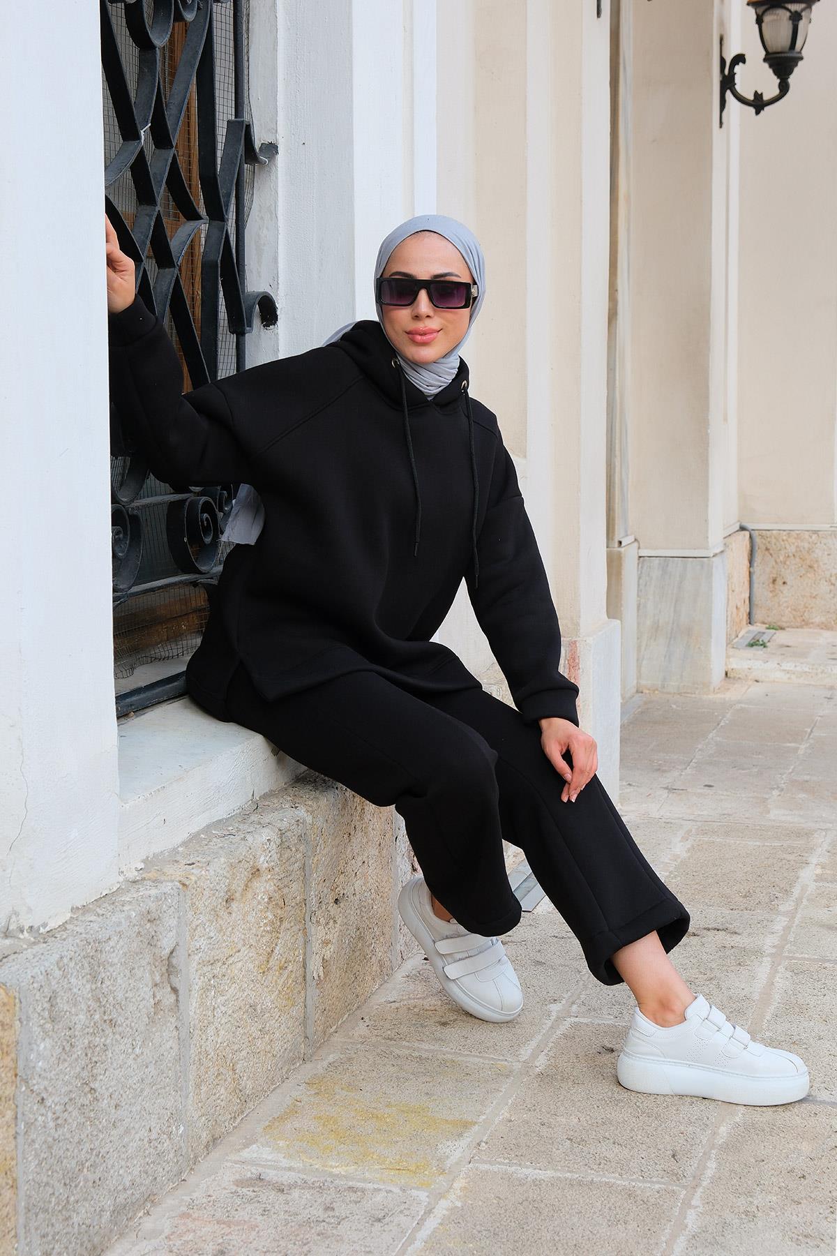 İspanyol Paça Kapüşonlu İkili Takım Siyah