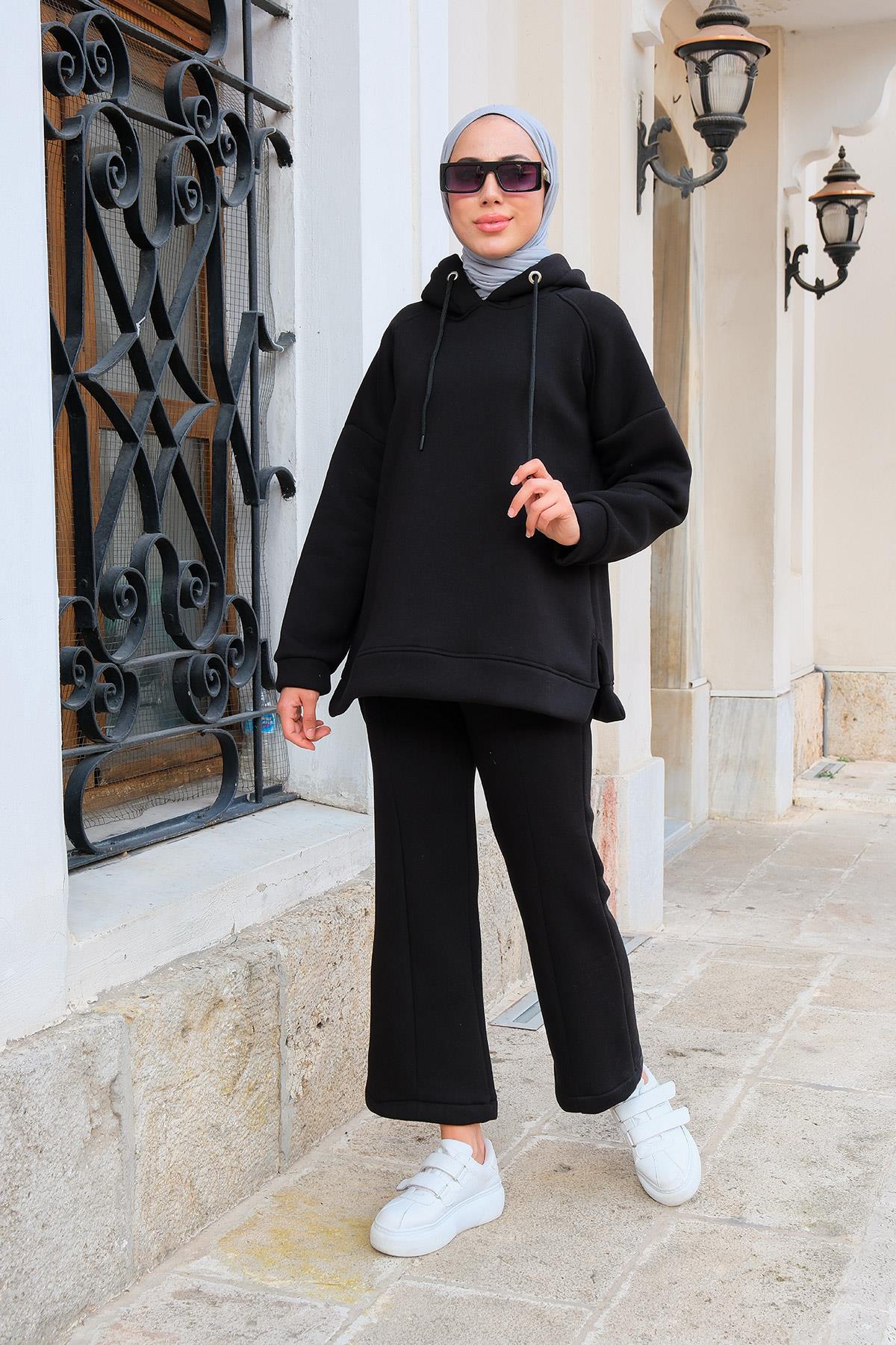 İspanyol Paça Kapüşonlu İkili Takım Siyah