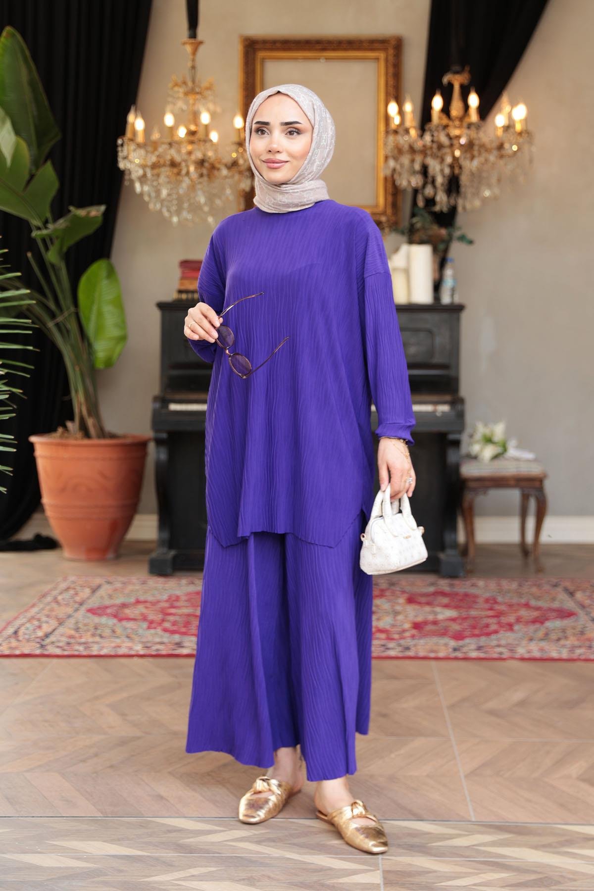 Kabarık Kumaş Takım Mor