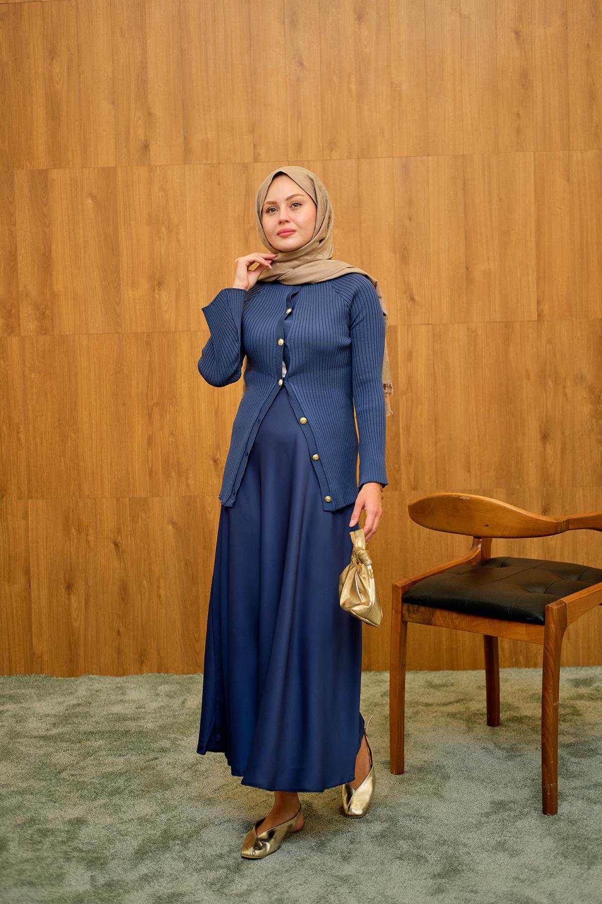 Kabartma Çizgi Detaylı Hırka Lacivert