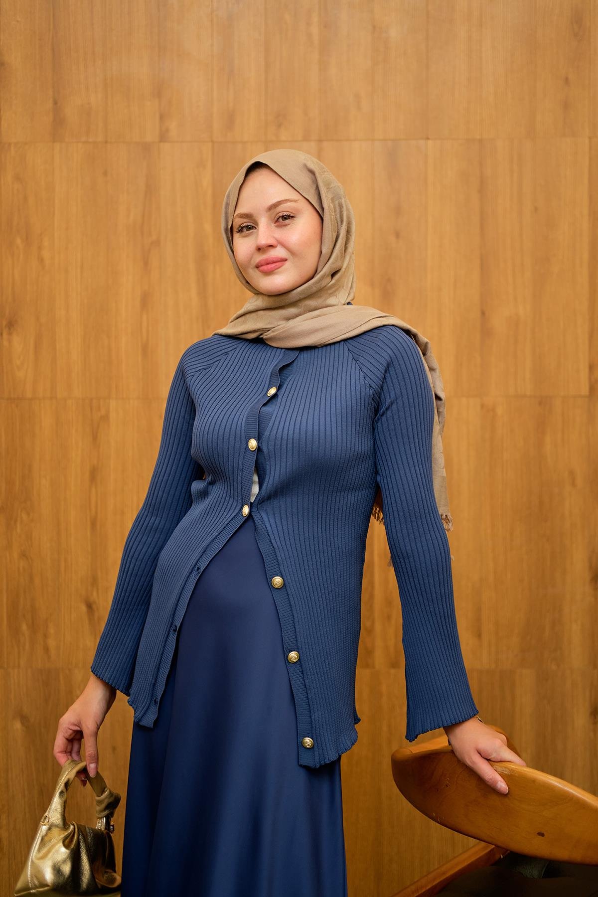 Kabartma Çizgi Detaylı Hırka Lacivert