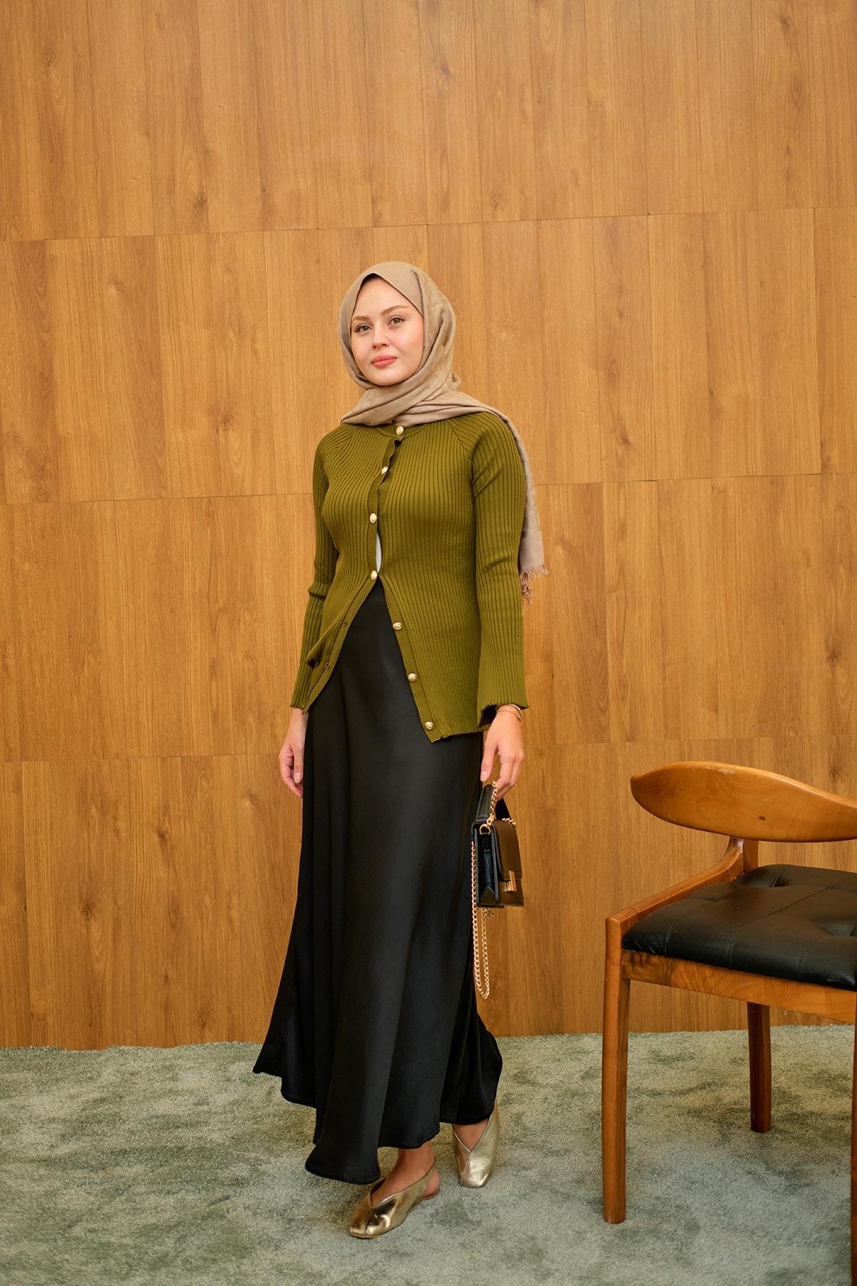 Kabartma Çizgi Detaylı Hırka Yağ Yeşil