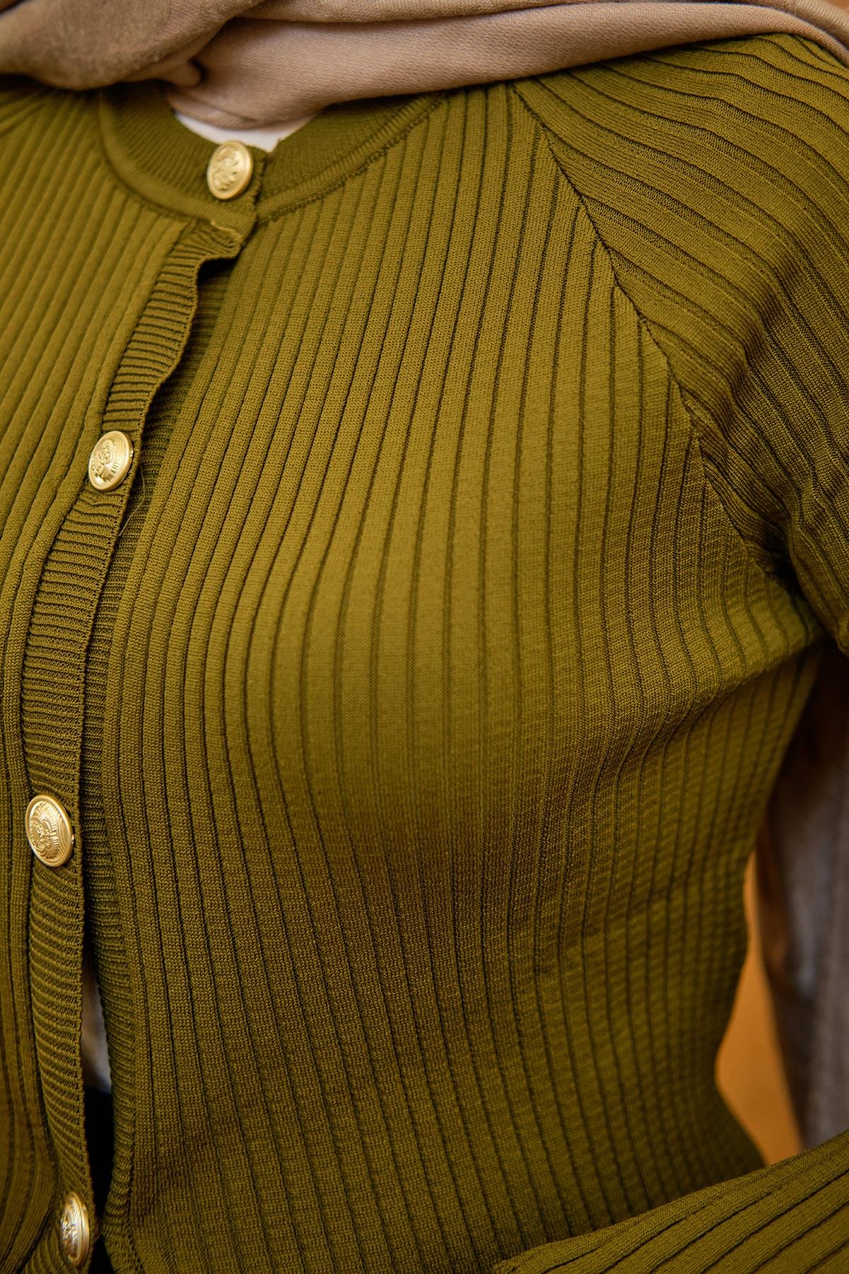 Kabartma Çizgi Detaylı Hırka Yağ Yeşil