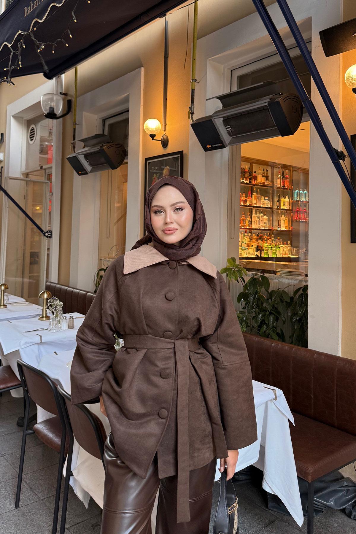 Kadife Kaplama Garnili Trenç Acı Kahve