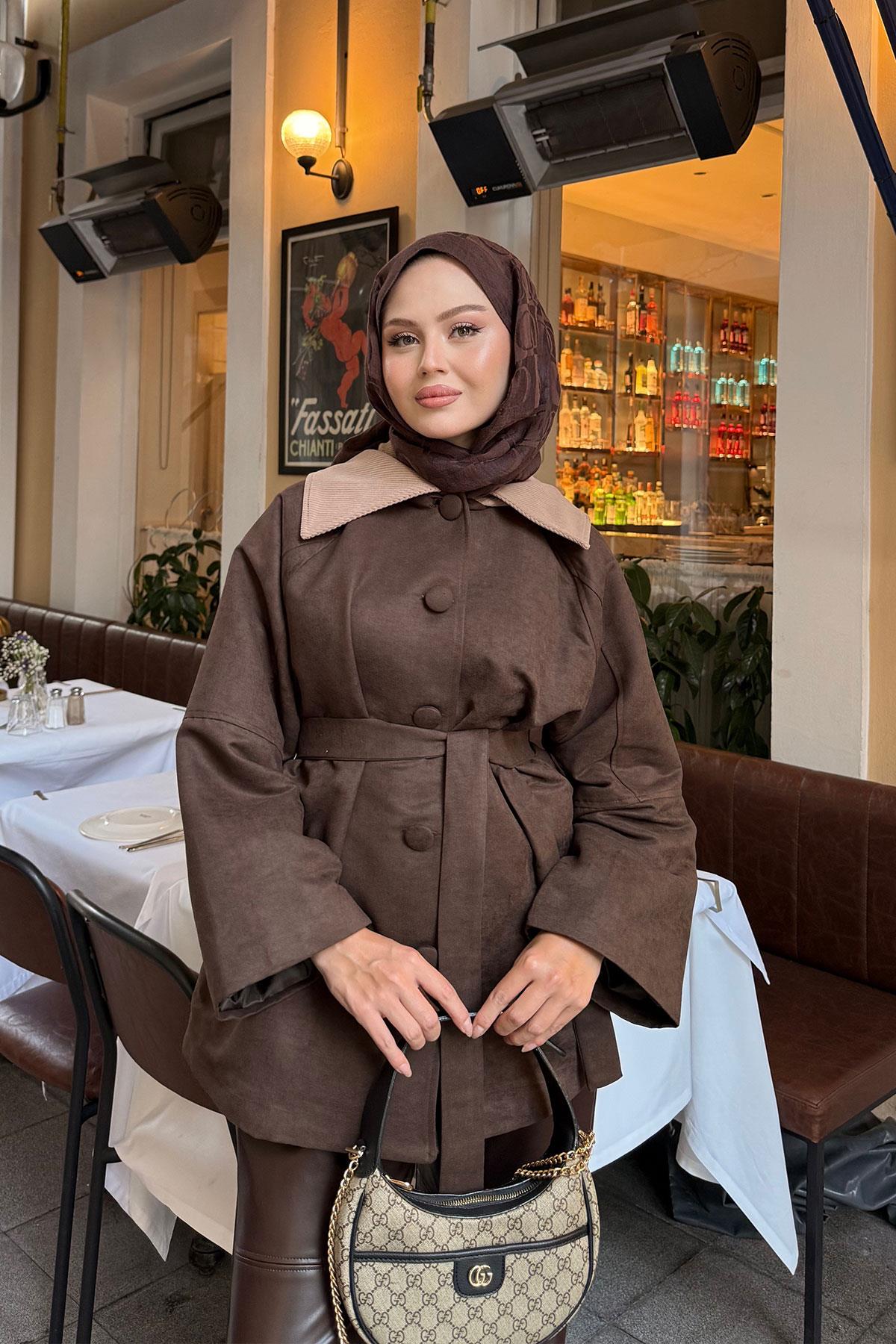 Kadife Kaplama Garnili Trenç Acı Kahve