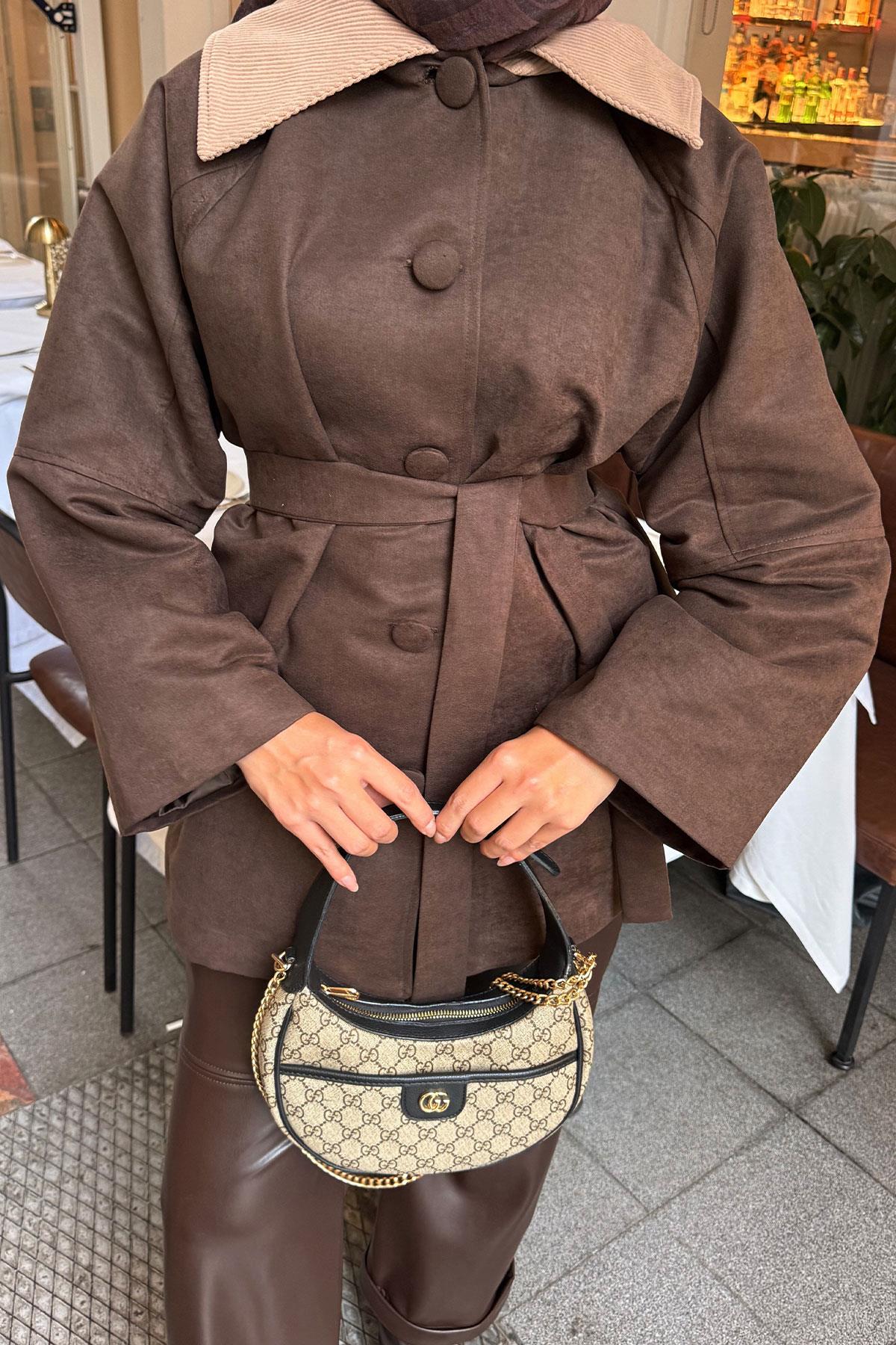 Kadife Kaplama Garnili Trenç Acı Kahve