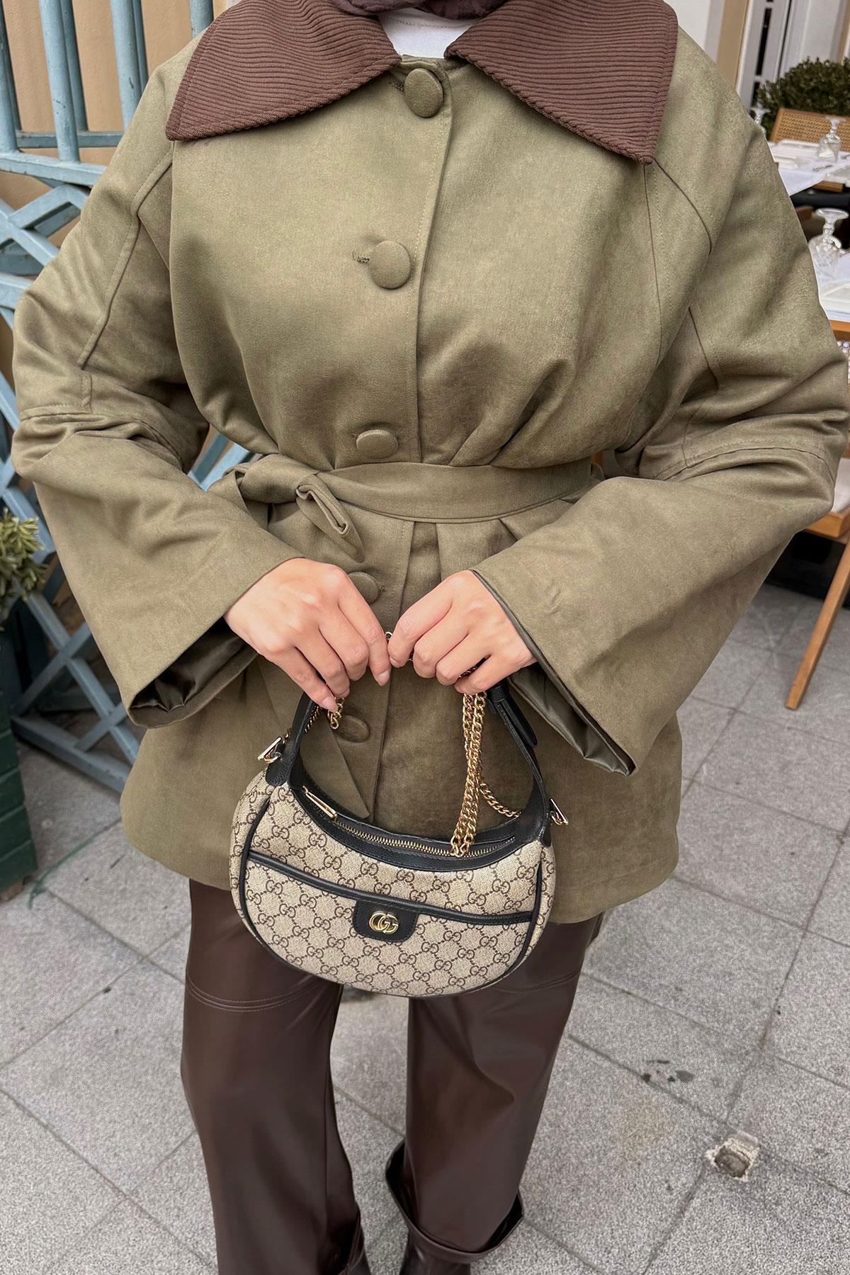 Kadife Kaplama Garnili Trenç Haki Yeşil