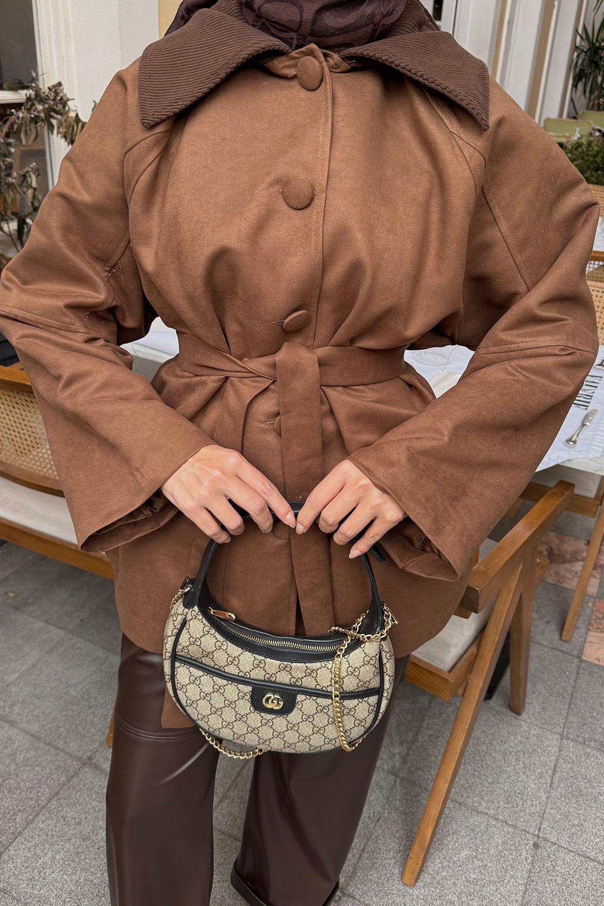 Kadife Kaplama Garnili Trenç Taba