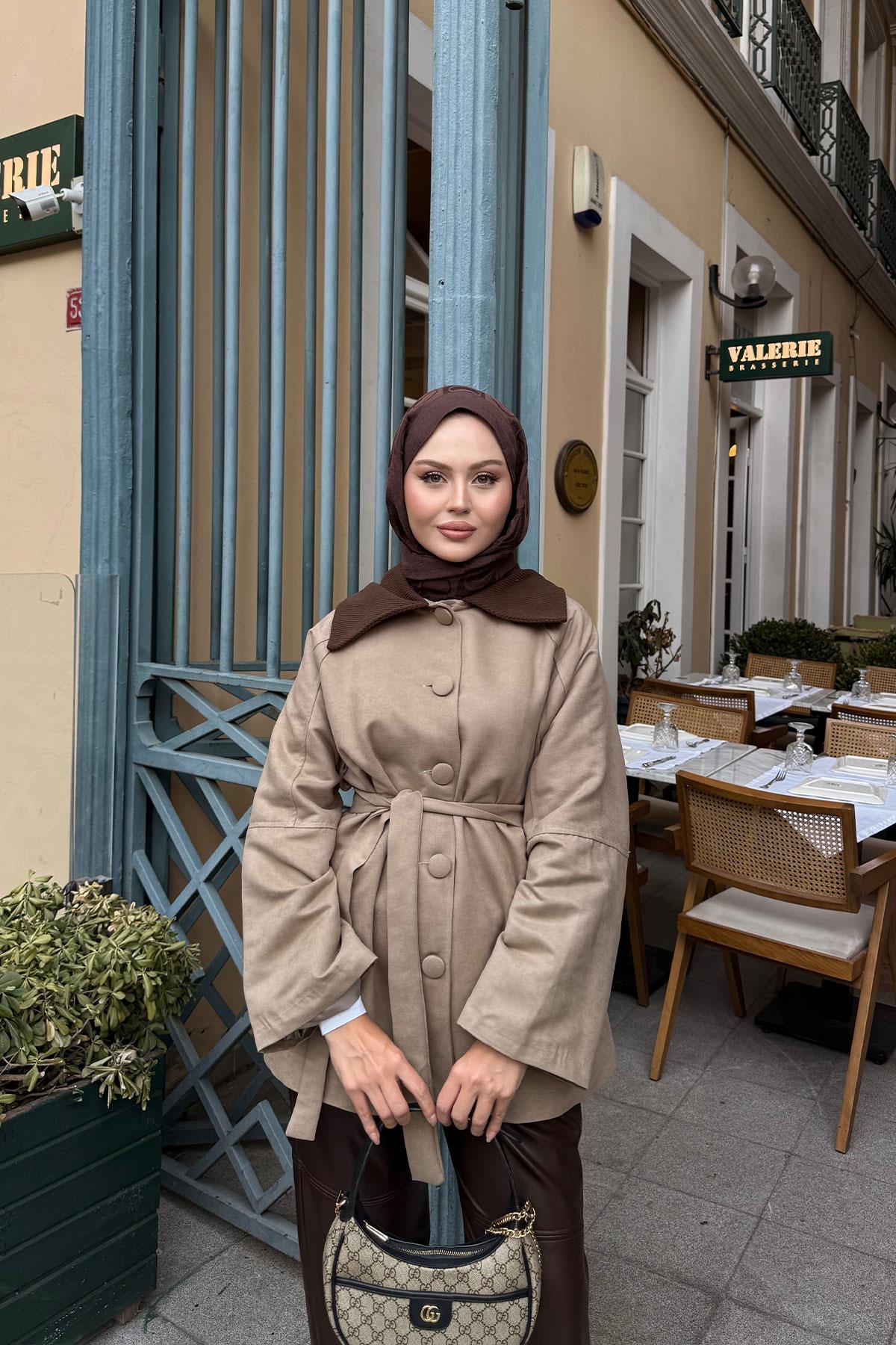 Kadife Kaplama Garnili Trenç Vizon