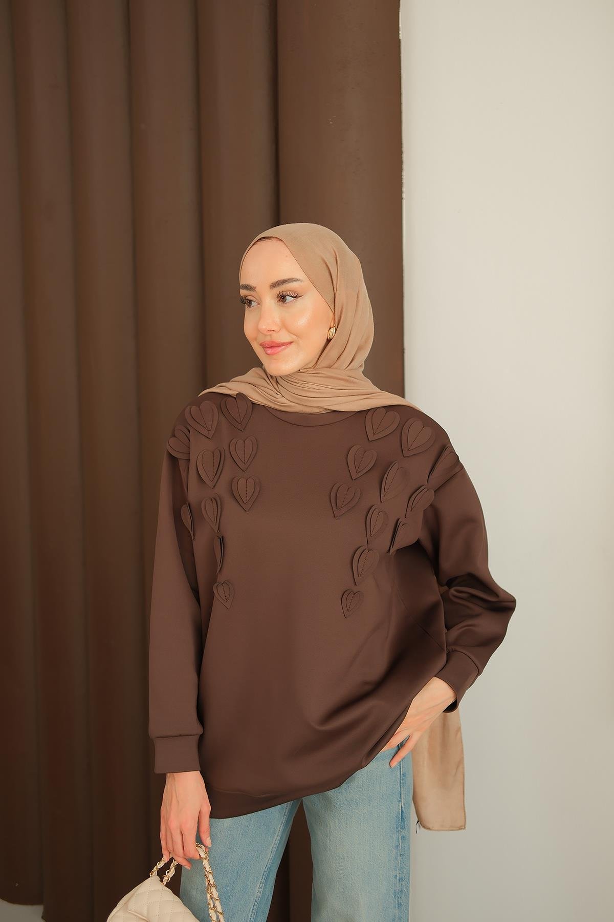 Kalp Detaylı Tunik Kahverengi