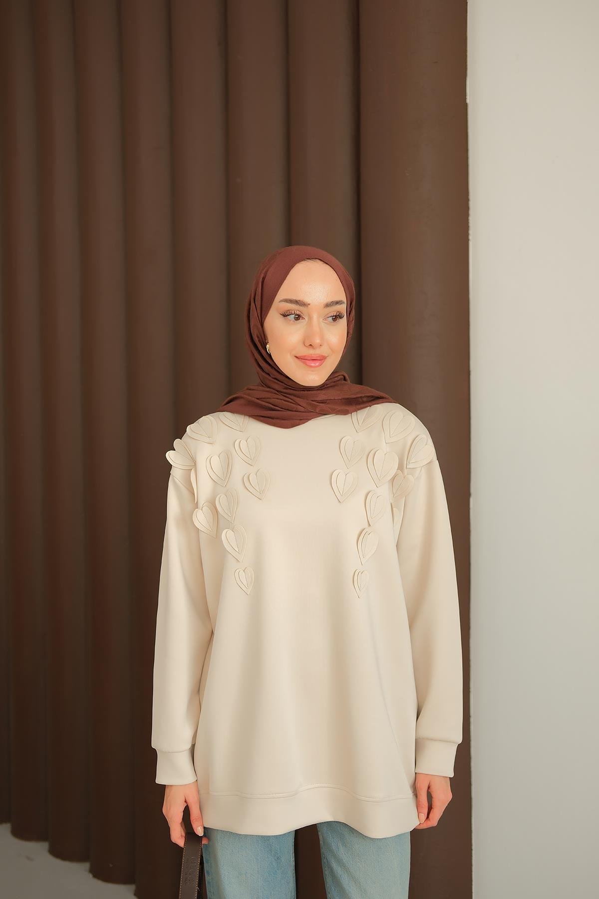 Kalp Detaylı Tunik Krem