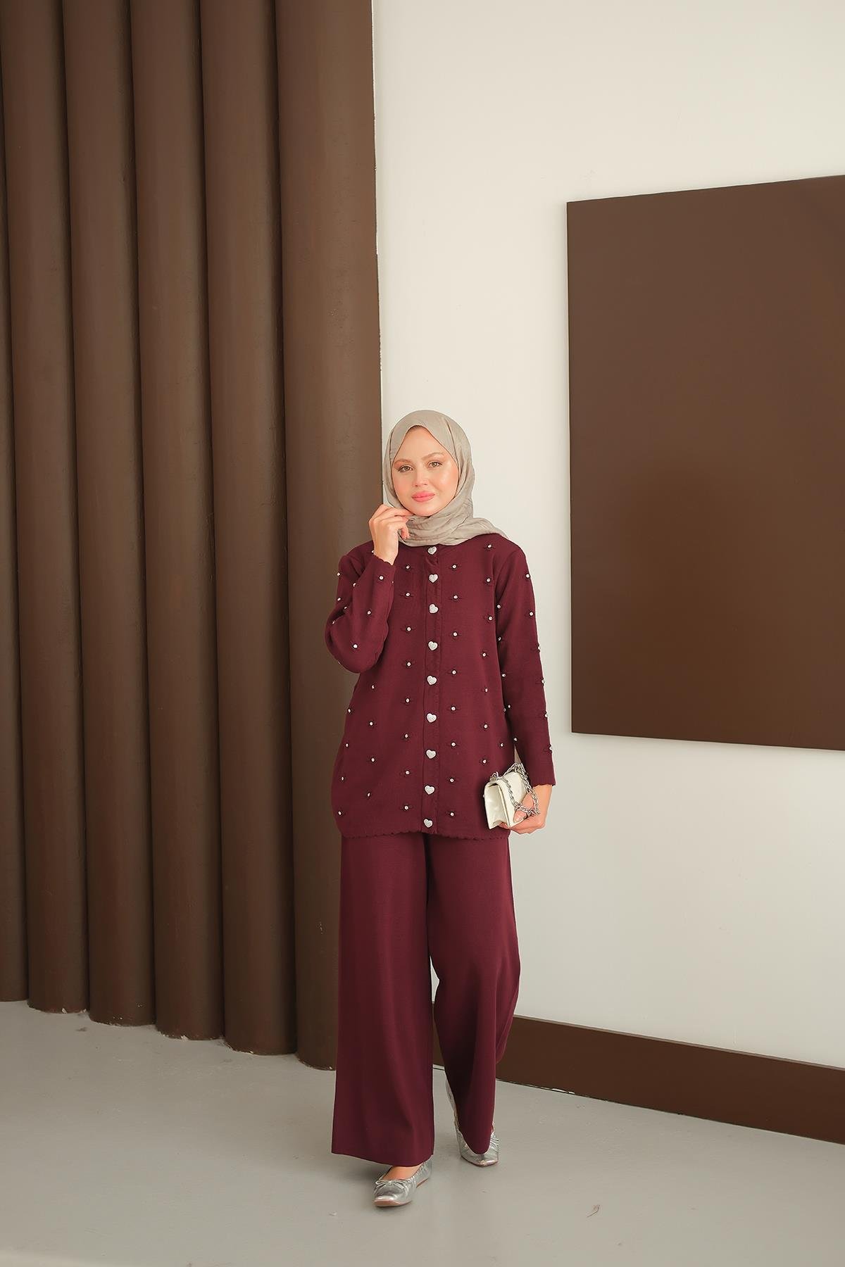 Kalp Düğme Detay Triko Takım Bordo
