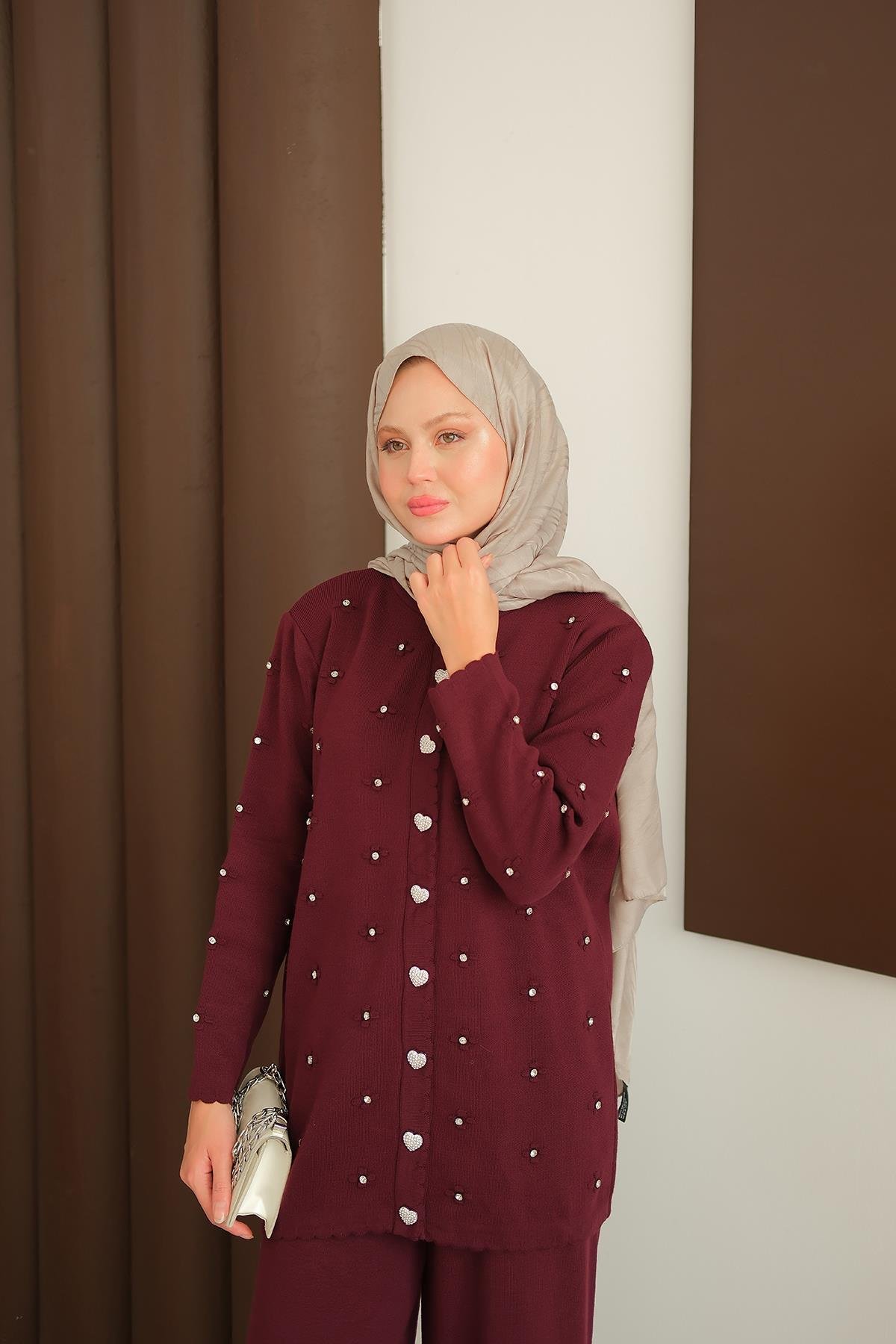 Kalp Düğme Detay Triko Takım Bordo