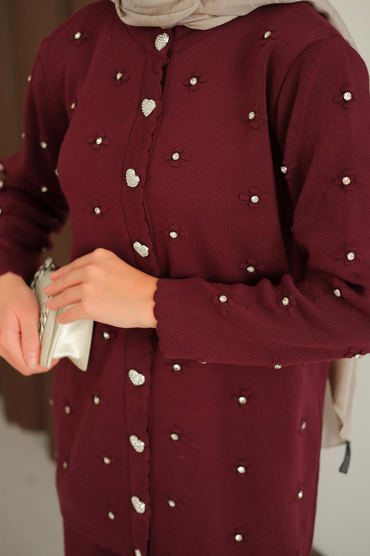 Kalp Düğme Detay Triko Takım Bordo