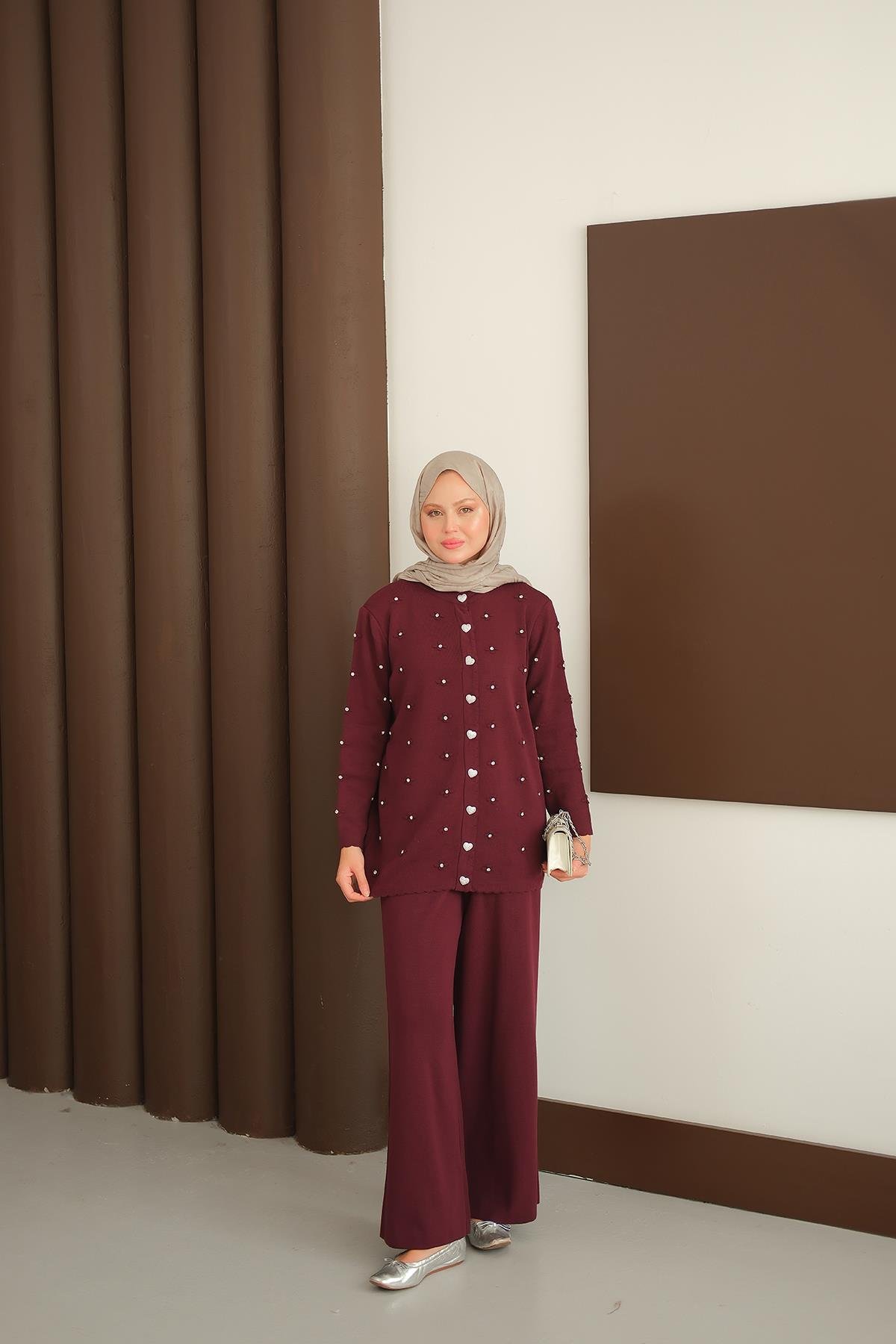 Kalp Düğme Detay Triko Takım Bordo