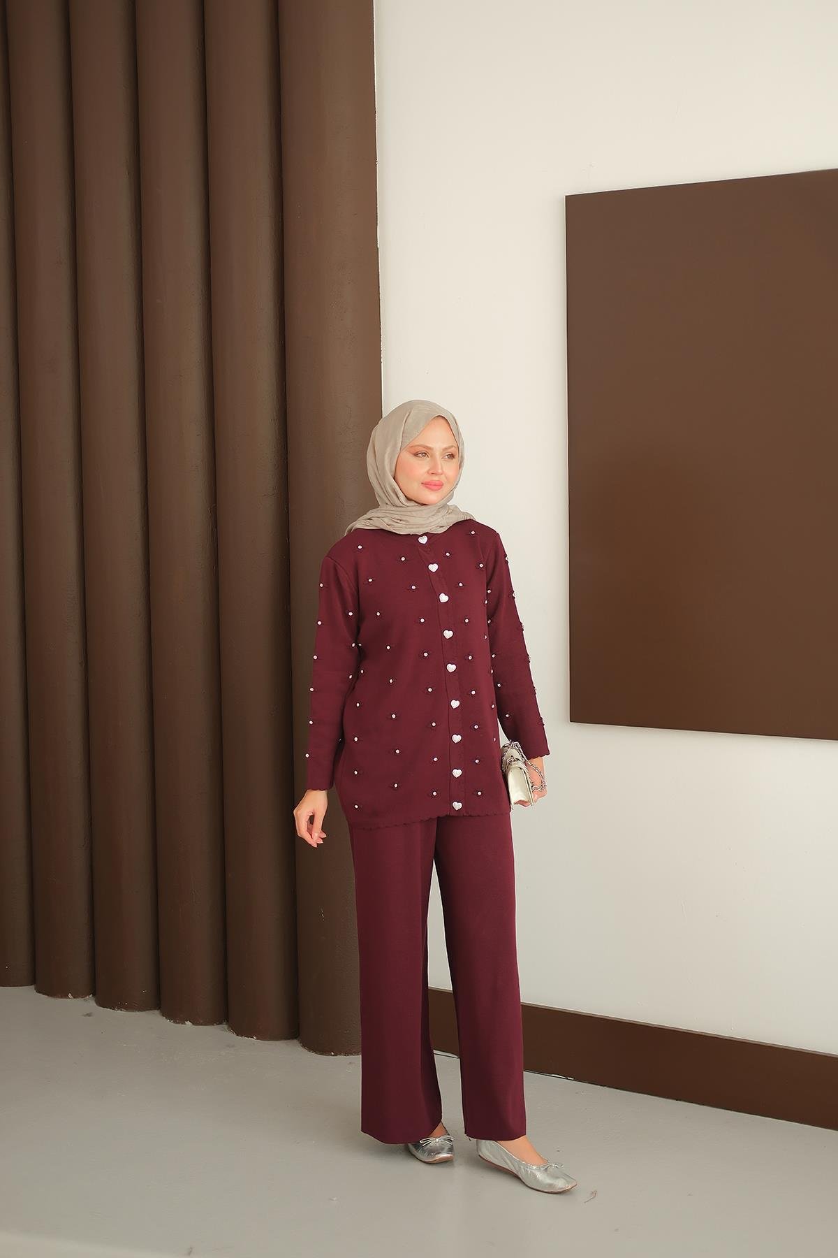 Kalp Düğme Detay Triko Takım Bordo