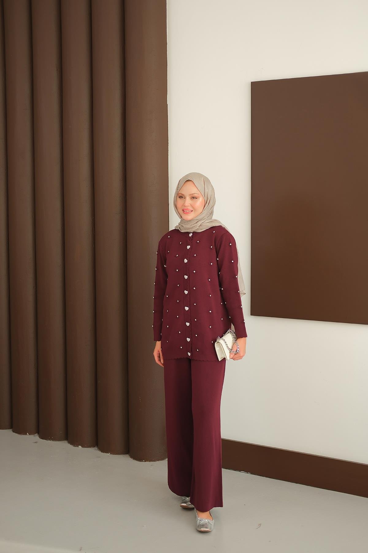 Kalp Düğme Detay Triko Takım Bordo