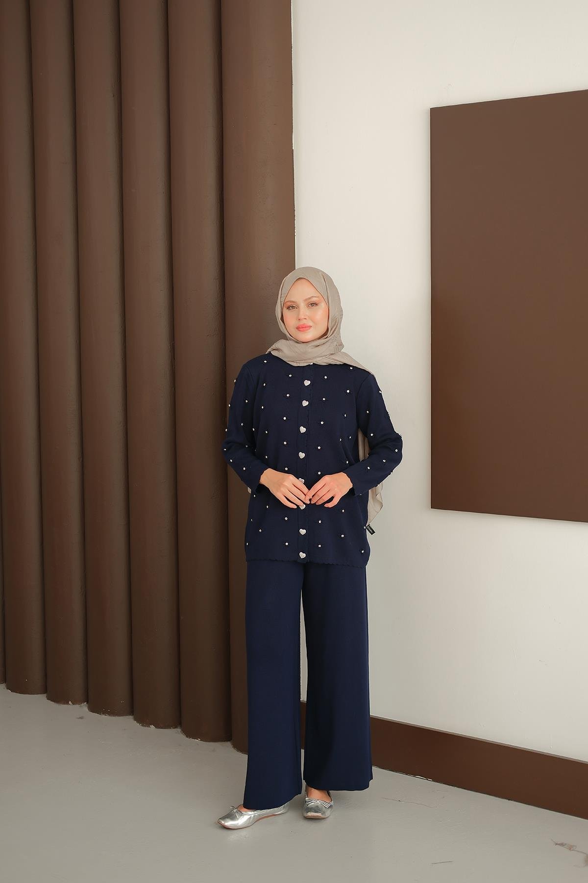 Kalp Düğme Detay Triko Takım Lacivert