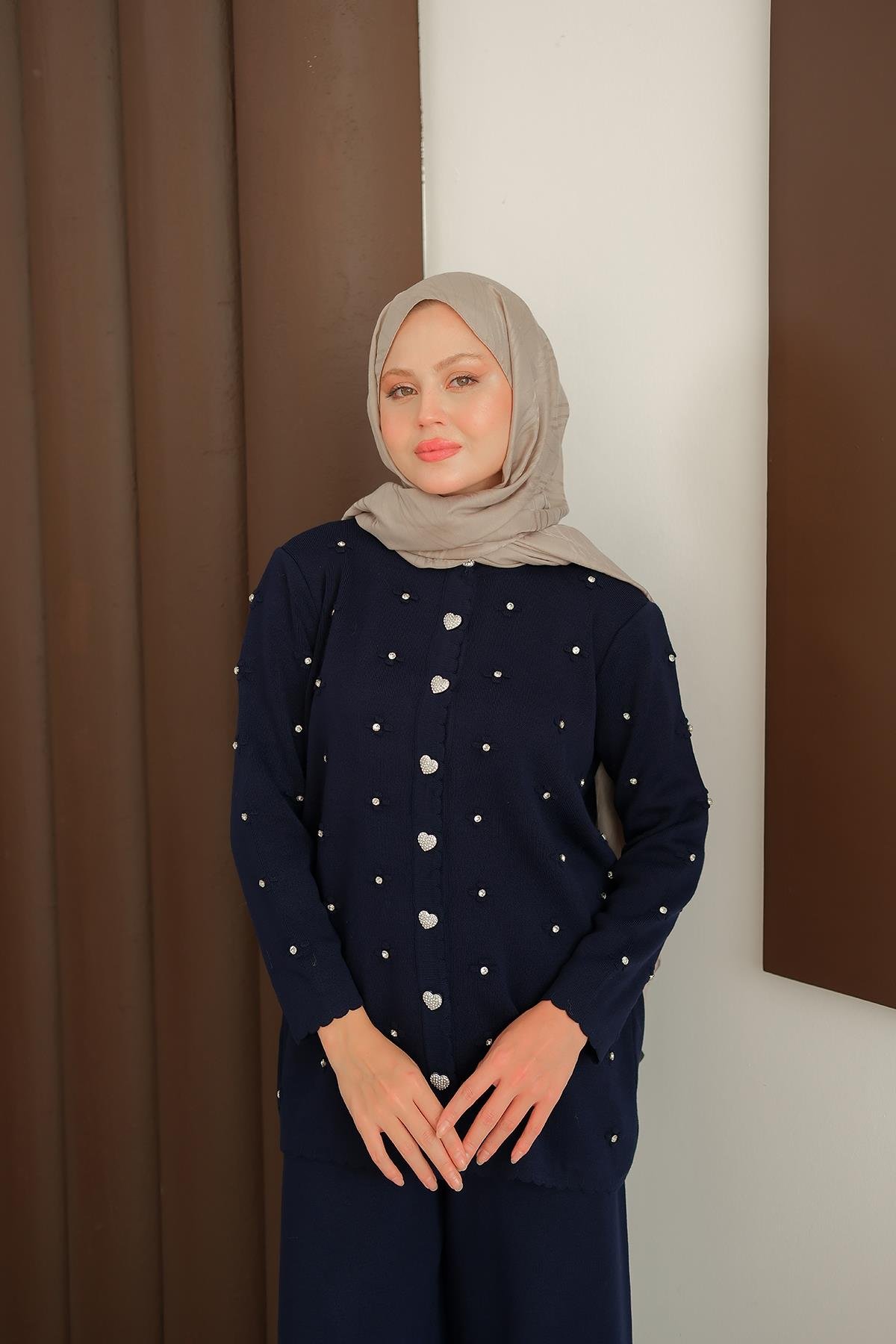 Kalp Düğme Detay Triko Takım Lacivert