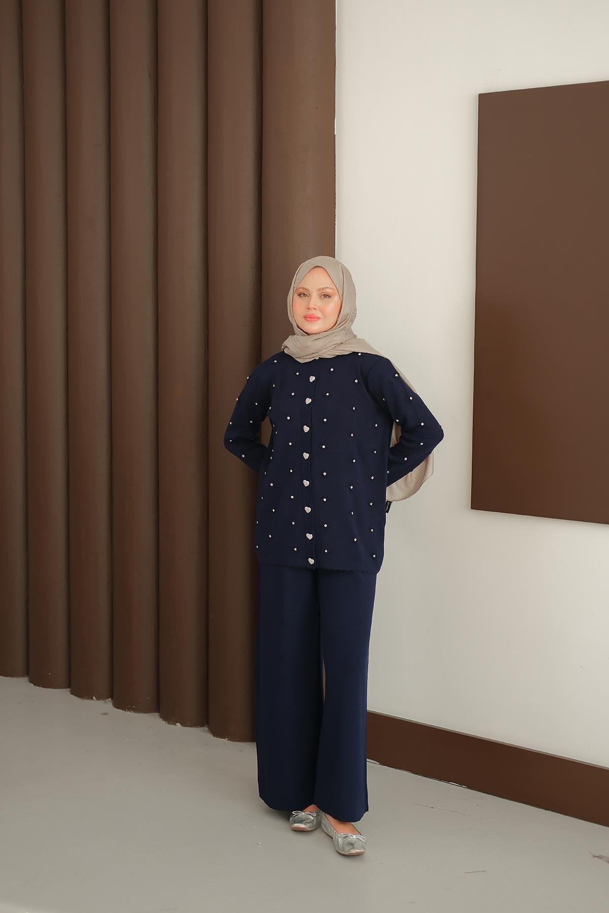 Kalp Düğme Detay Triko Takım Lacivert