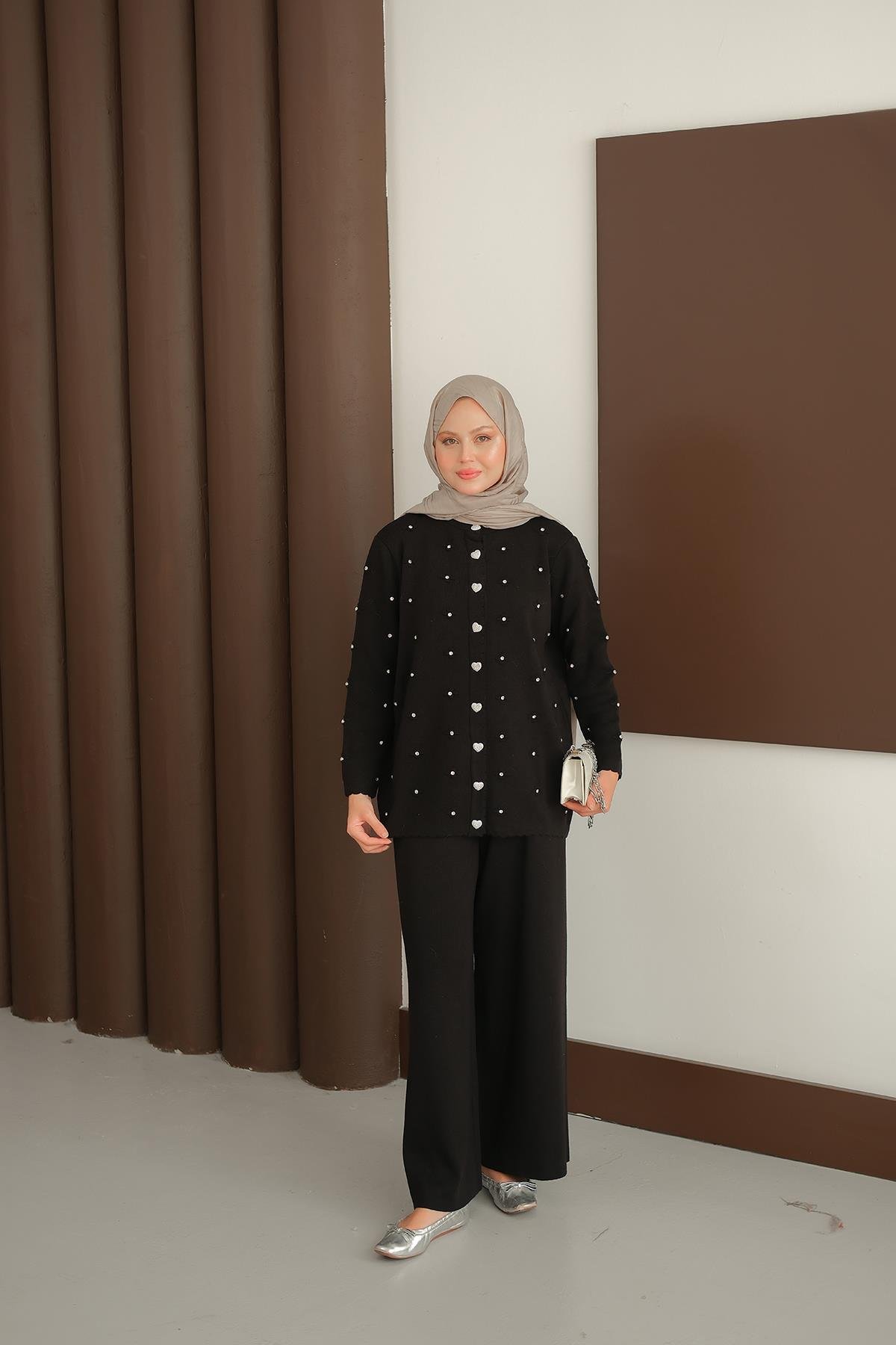 Kalp Düğme Detay Triko Takım Siyah