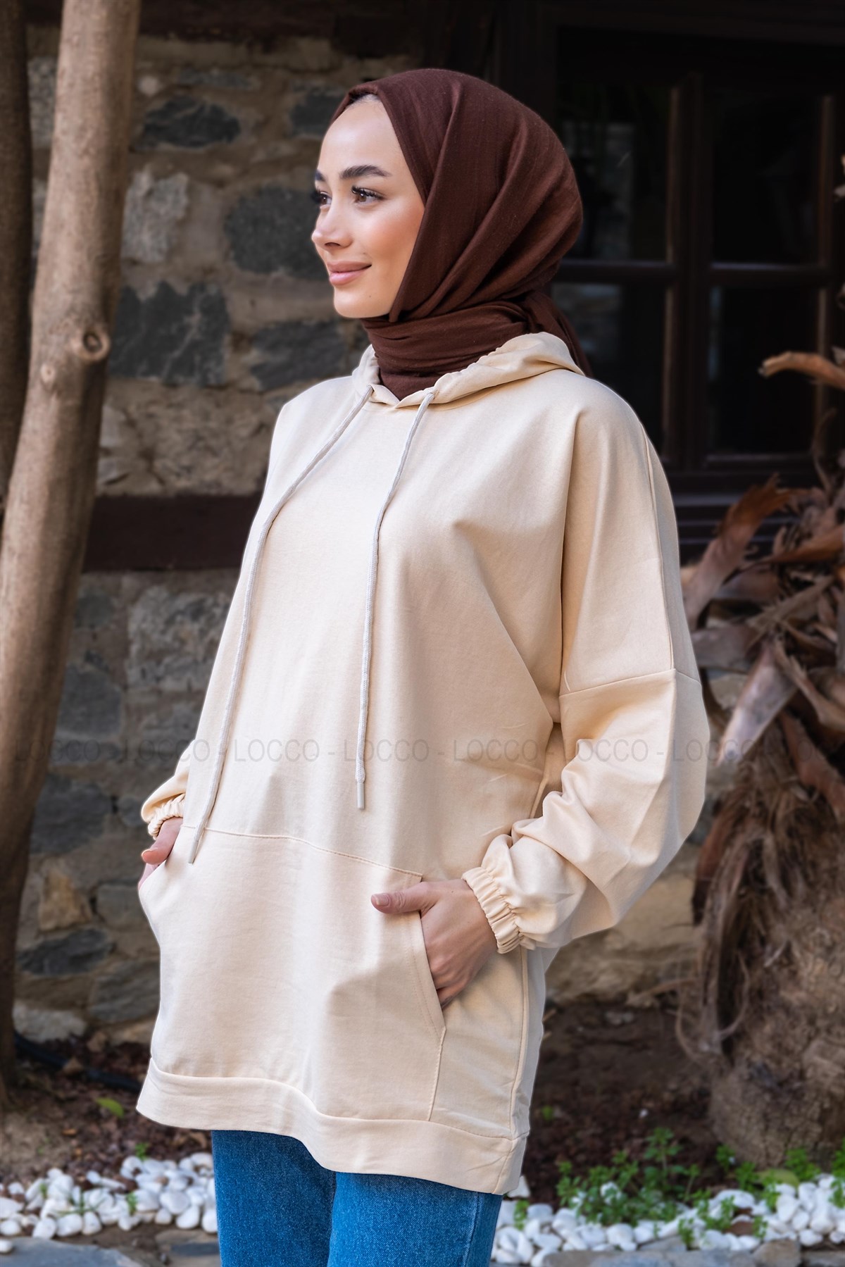 Uygun Fiyatlı KANGURU CEP KAPSONLU TUNIK KREM | Loccomoda.com 