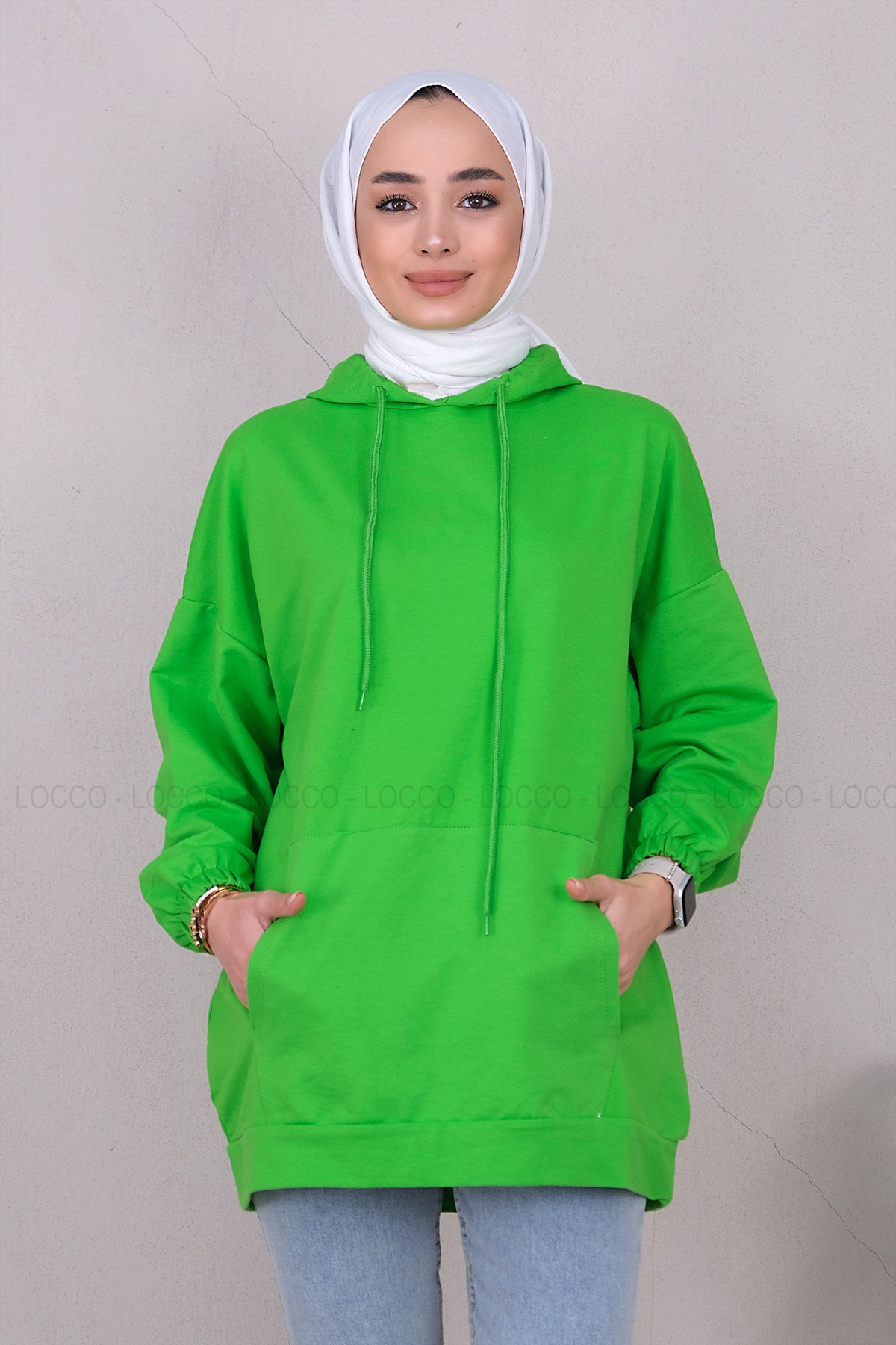 Uygun Fiyatlı KANGURU CEPLI KAPSONLU SWEAT FISTIK YESIL | Loccomoda.com 