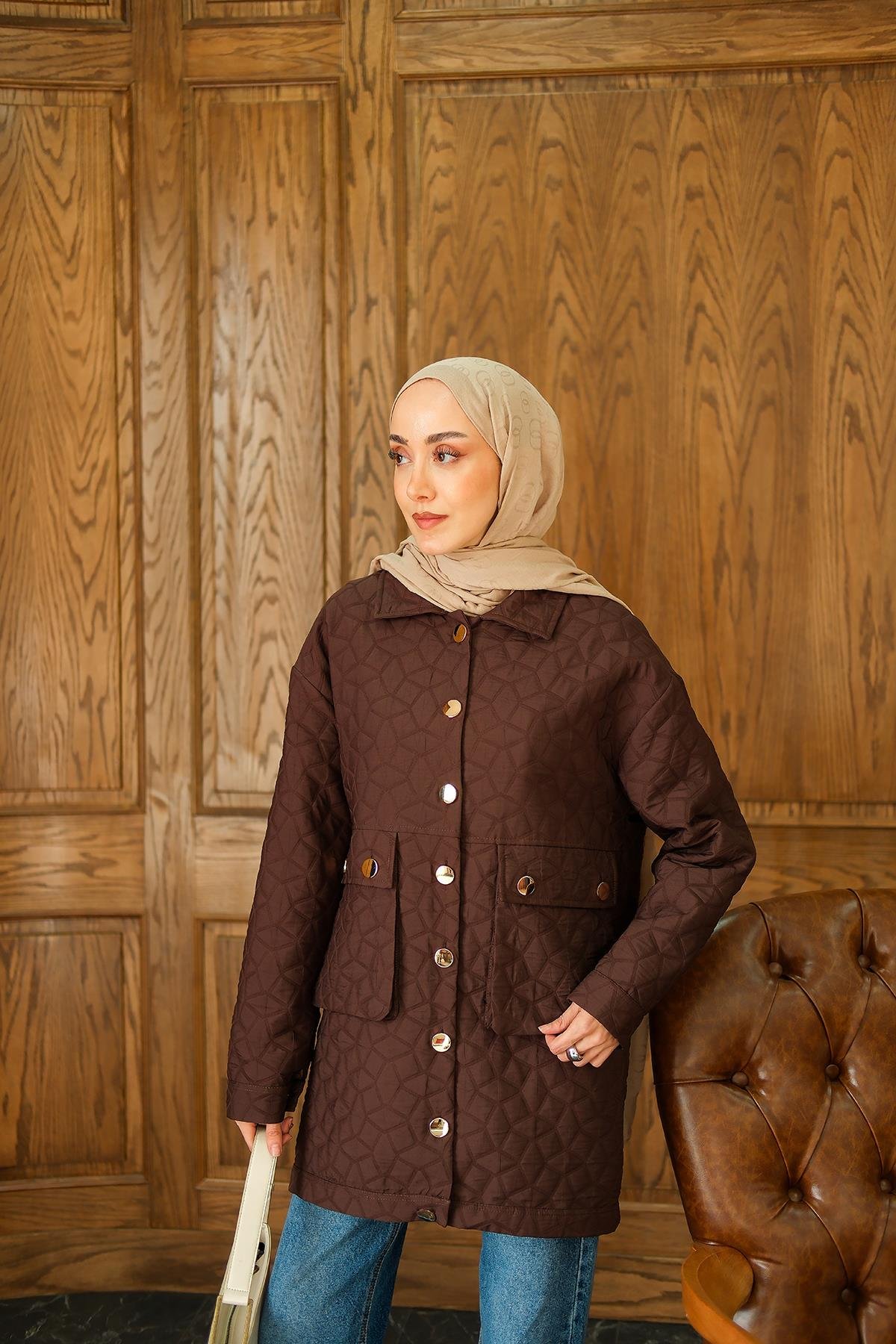 Kapitone Desen Gold Düğme Detay Ceket Kahverengi