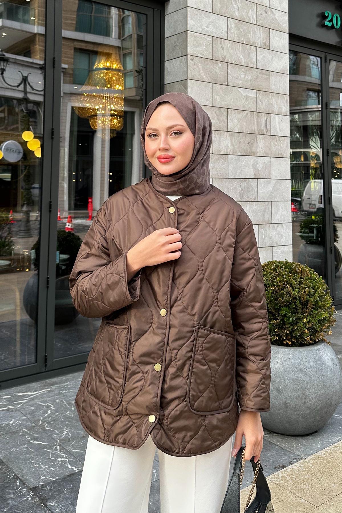 Kapitone Desen İnce Ceket Kahverengi