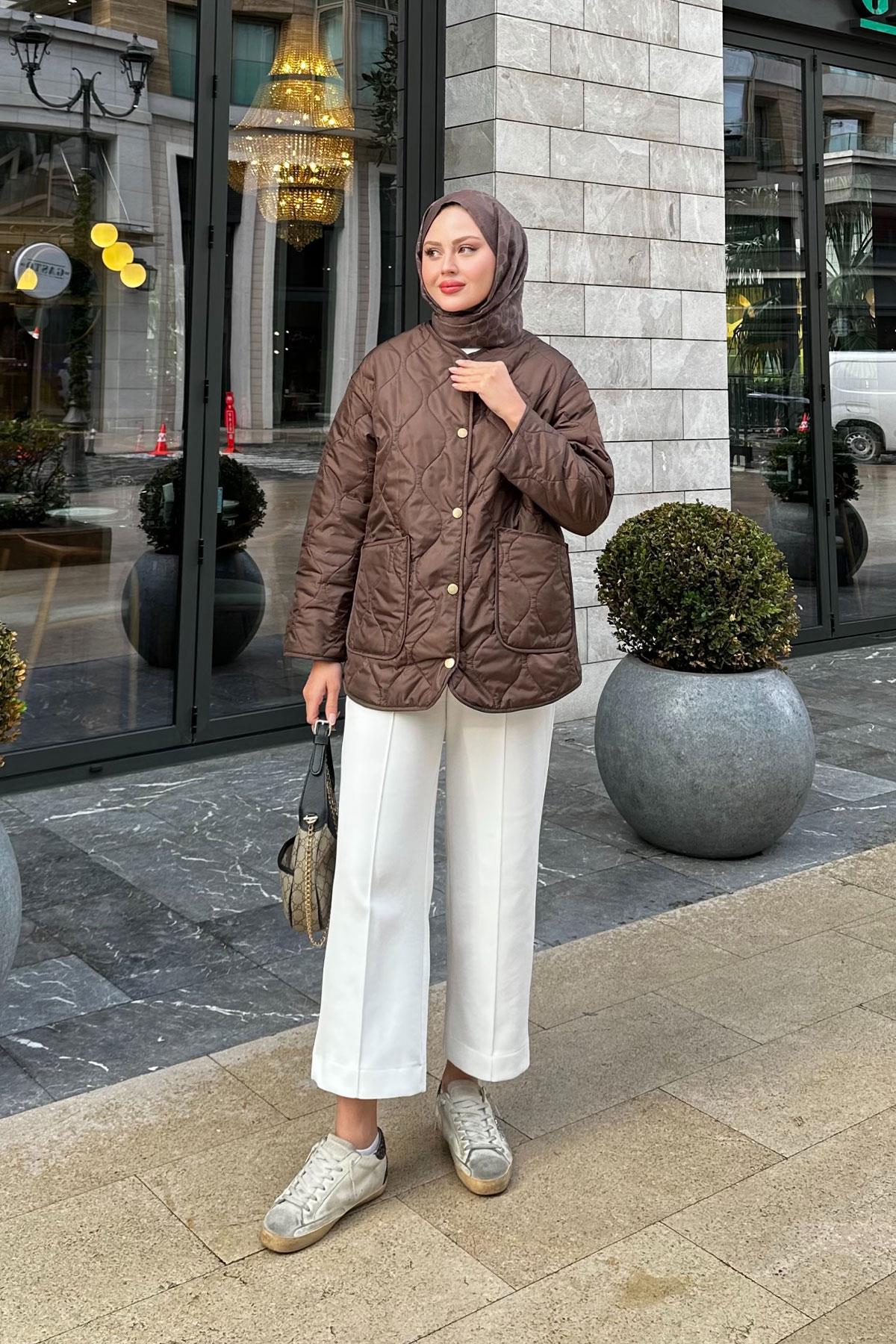 Kapitone Desen İnce Ceket Kahverengi