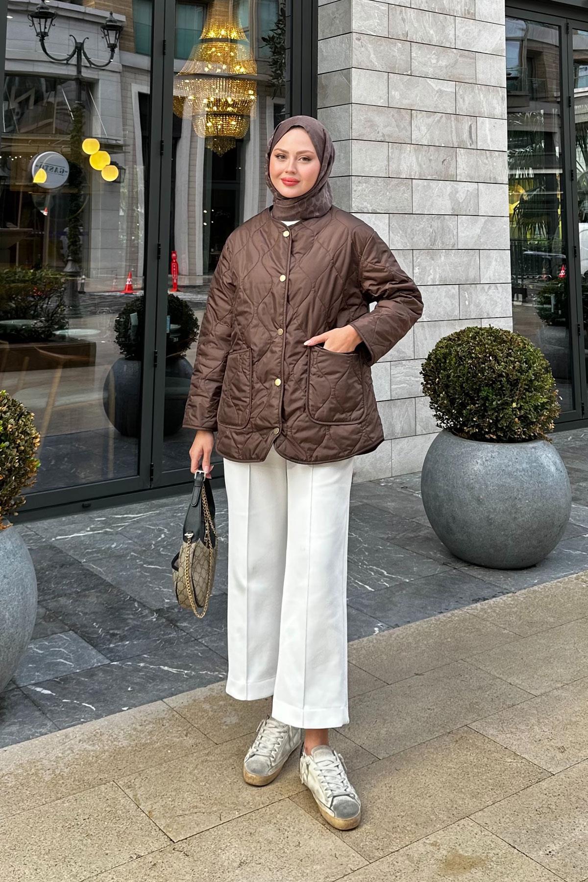 Kapitone Desen İnce Ceket Kahverengi