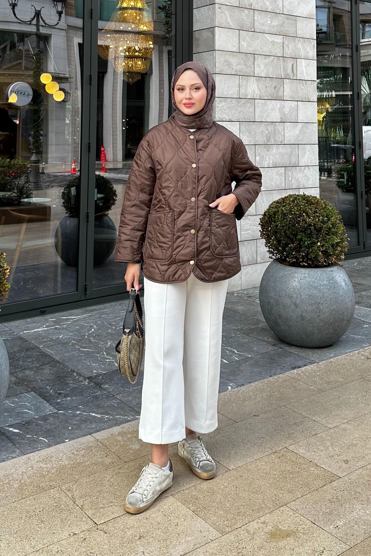 Kapitone Desen İnce Ceket Kahverengi