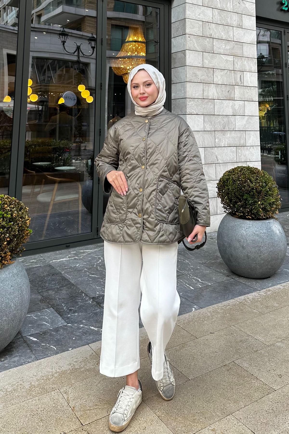 Kapitone Desen İnce Ceket Küf Yeşil