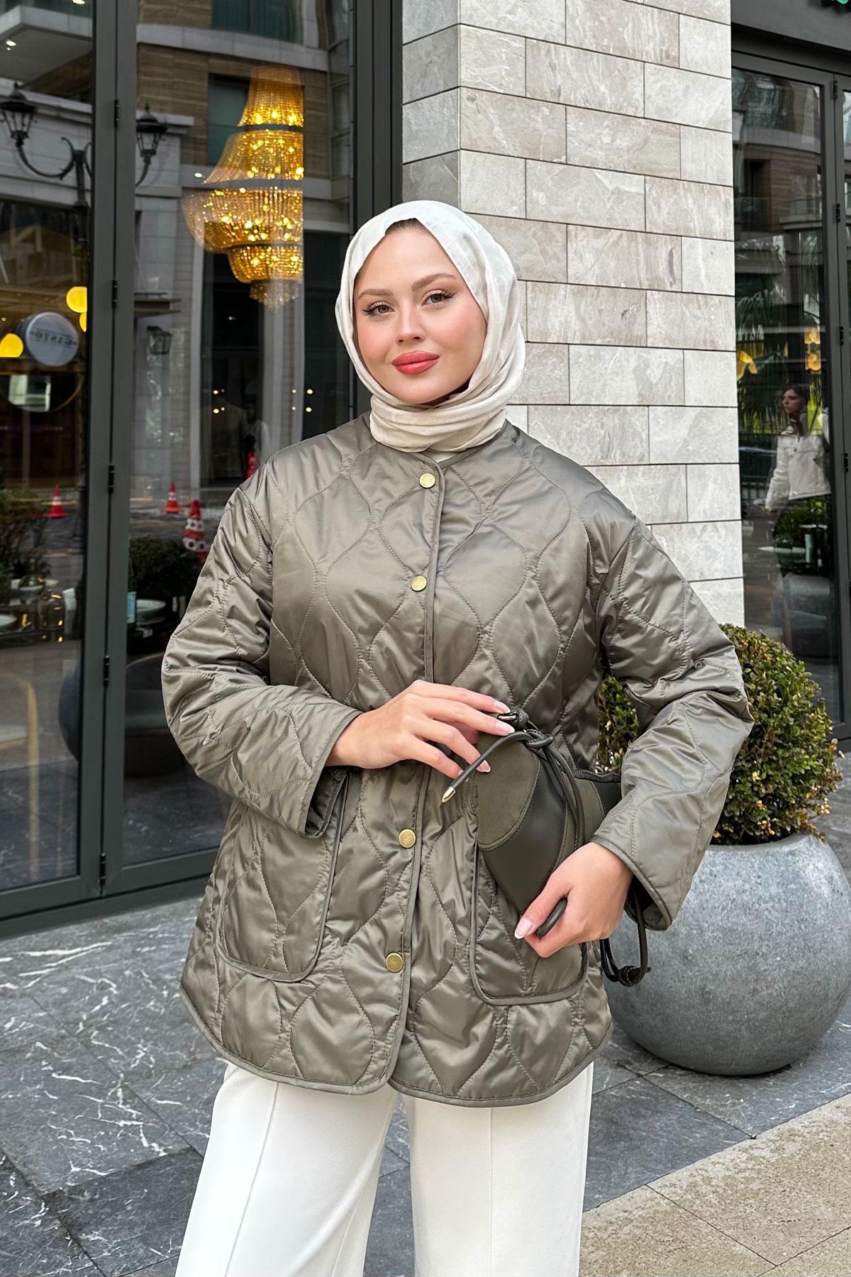 Kapitone Desen İnce Ceket Küf Yeşil